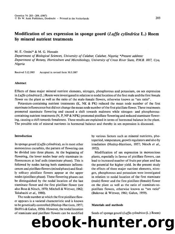 Modification of sex expression in sponge gourd (<Emphasis Type="Italic">Luffa cylindrica<Emphasis> L.) roem by mineral nutrient treatments by Unknown