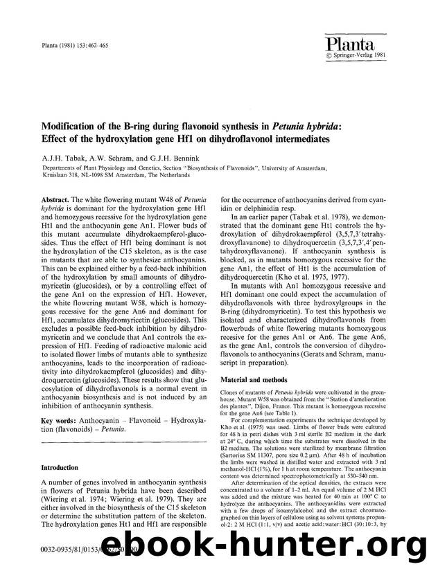 Modification of the B-ring during flavonoid synthesis in <Emphasis Type="Italic">Petunia hybrida<Emphasis>: Effect of the hydroxylation gene Hf1 on dihydroflavonol intermediates by Unknown