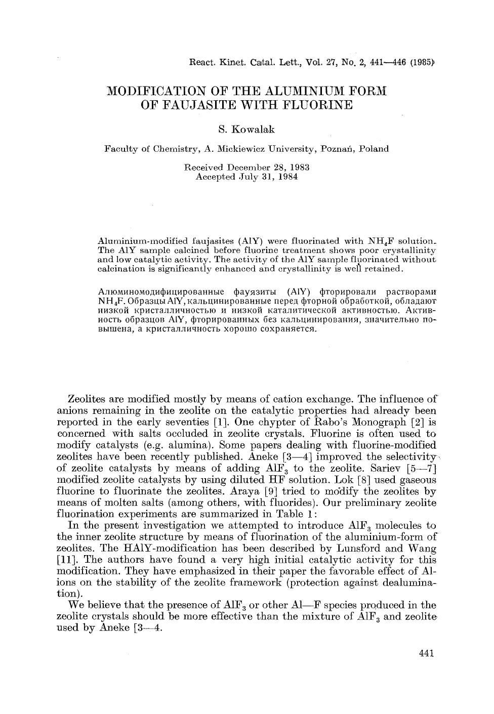 Modification of the aluminium form of faujasite with fluorine by Unknown
