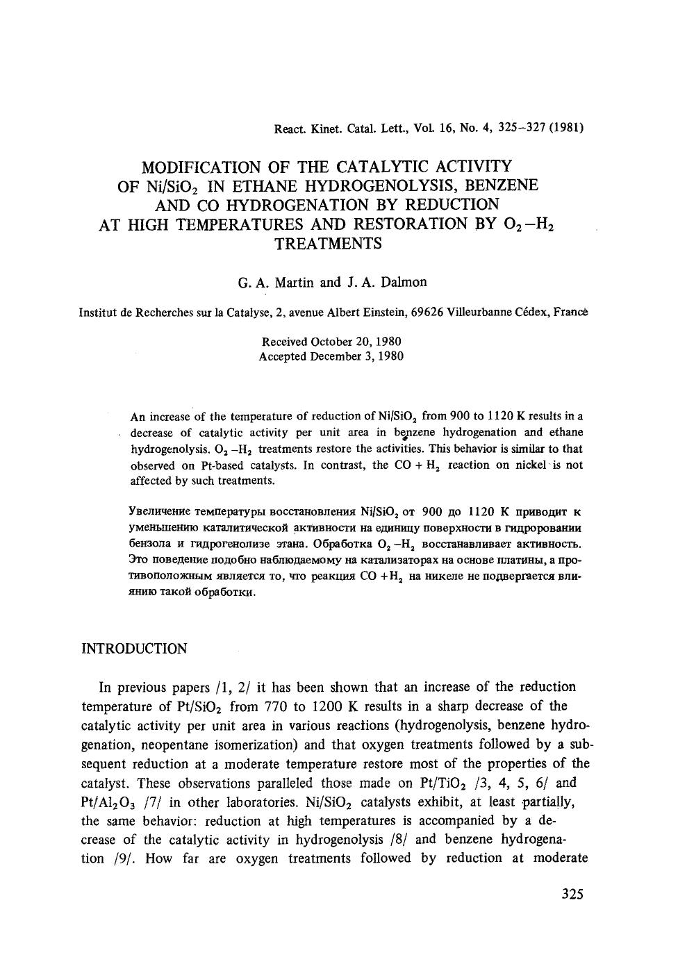 Modification of the catalytic activity of NiSiO <Subscript>2 <Subscript> in ethane hydrogenolysis, benzene and co hydrogenation by reduction at high temperatures and restoration by by Unknown