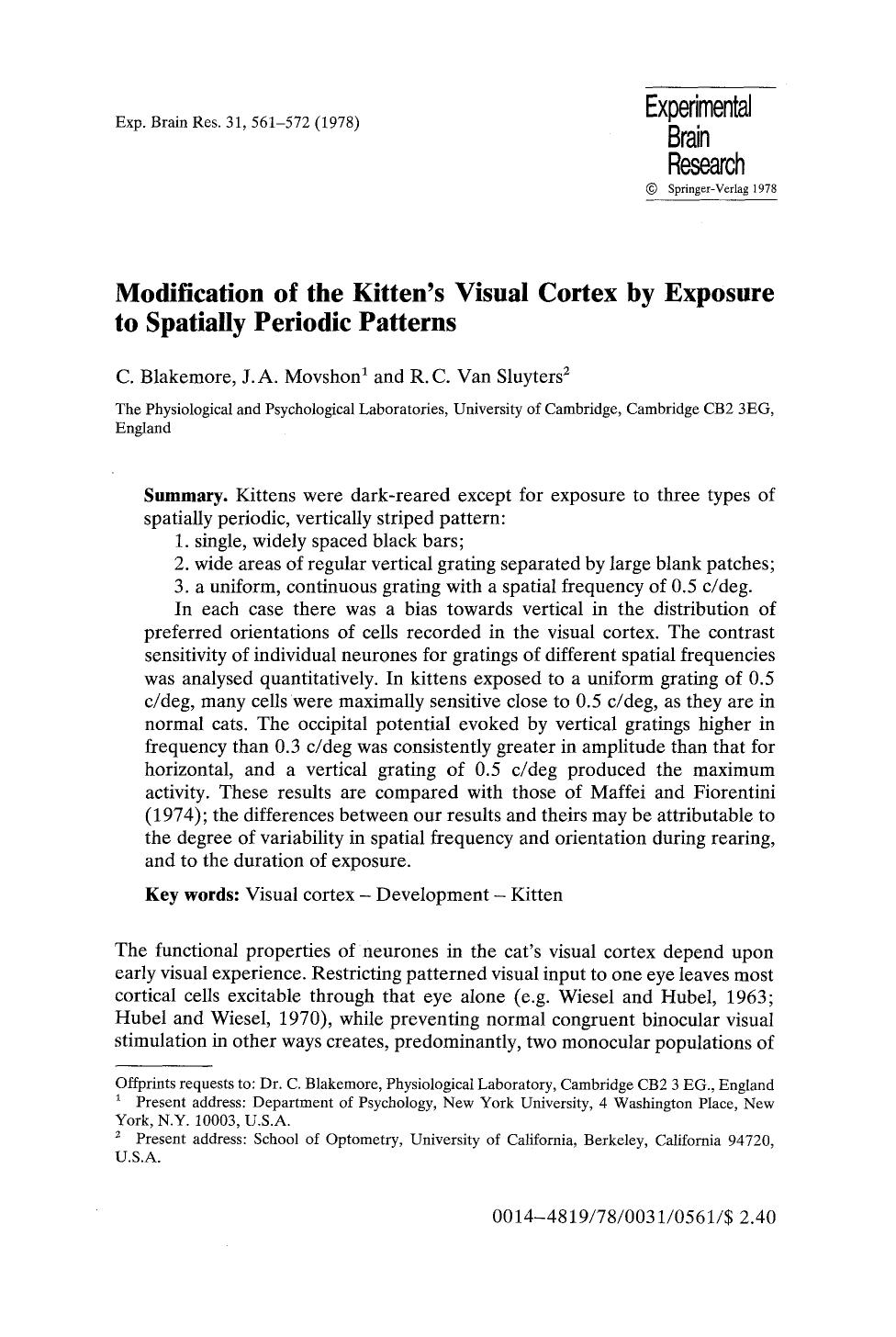 Modification of the kitten's visual cortex by exposure to spatially periodic patterns by Unknown