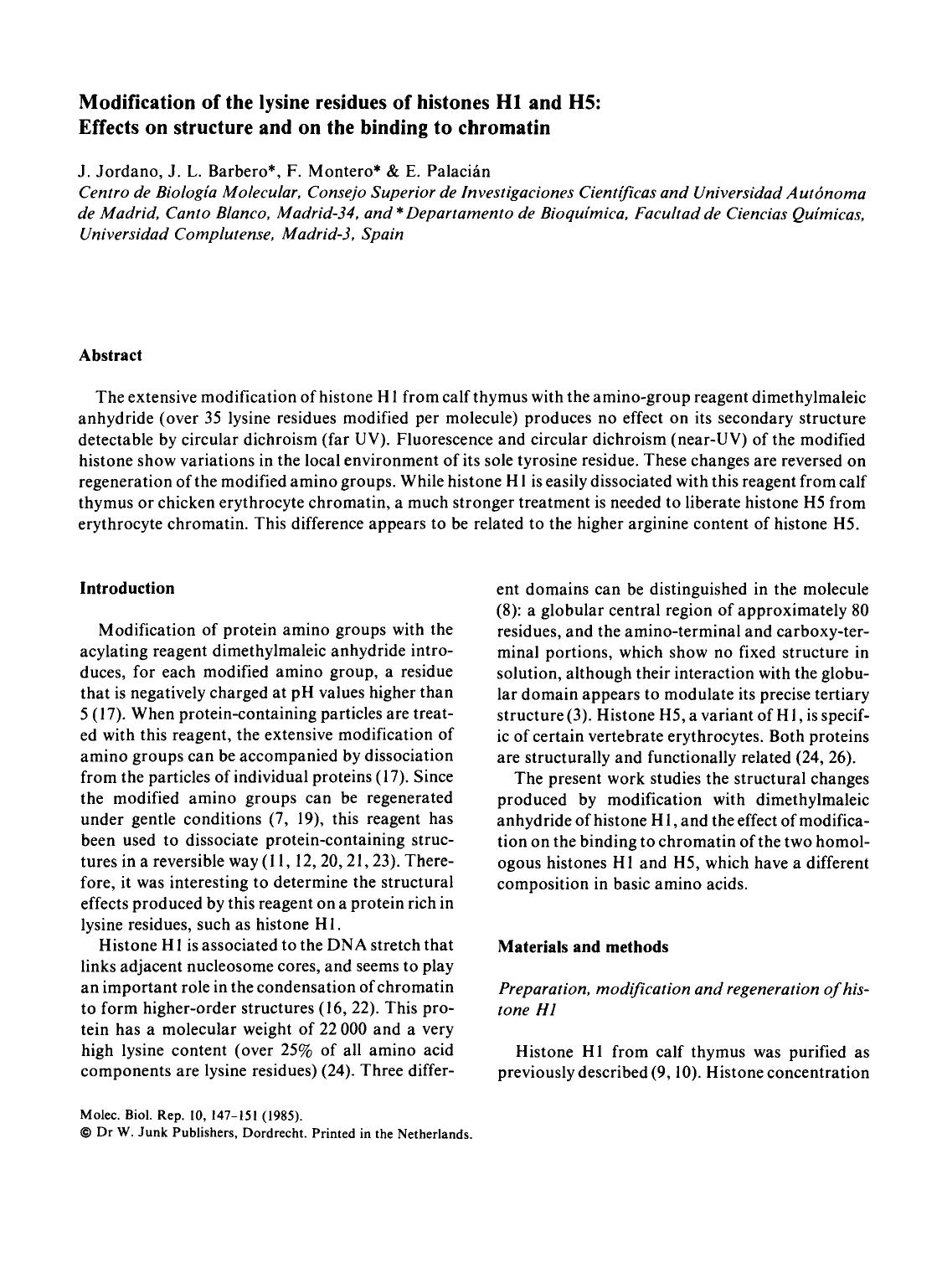 Modification of the lysine residues of histones H1 and H5: Effects on structure and on the binding to chromatin by Unknown