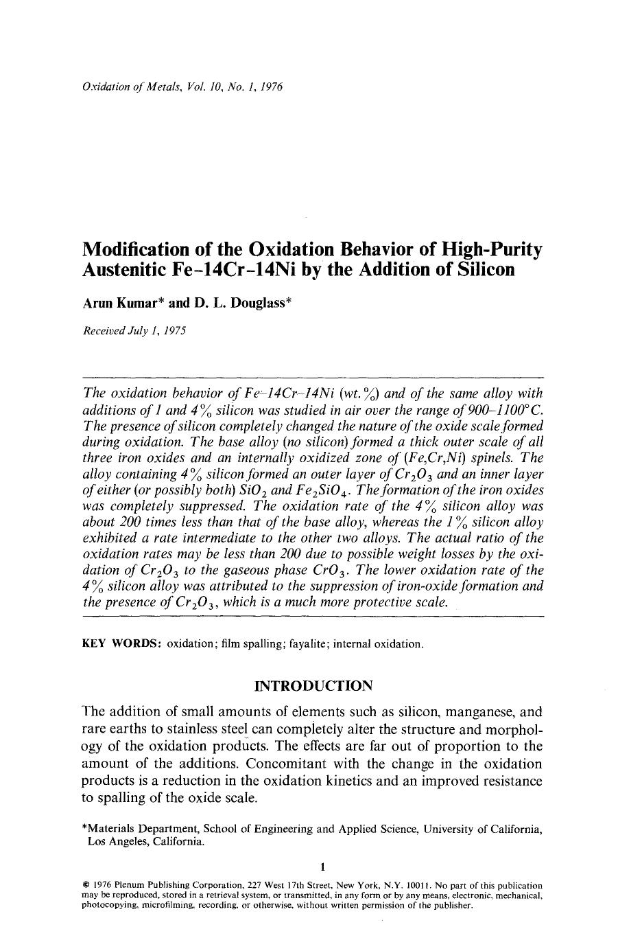 Modification of the oxidation behavior of high-purity austenitic Fe-14Cr-14Ni by the addition of silicon by Unknown