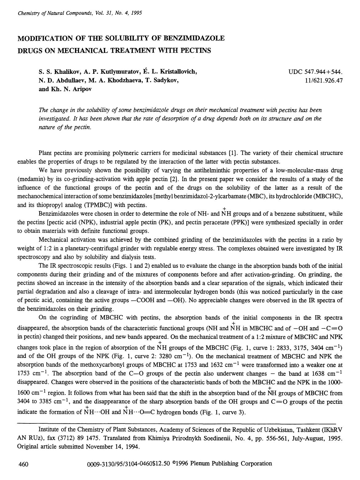 Modification of the solubility of benzimidazole drugs on mechanical treatment with pectins by Unknown