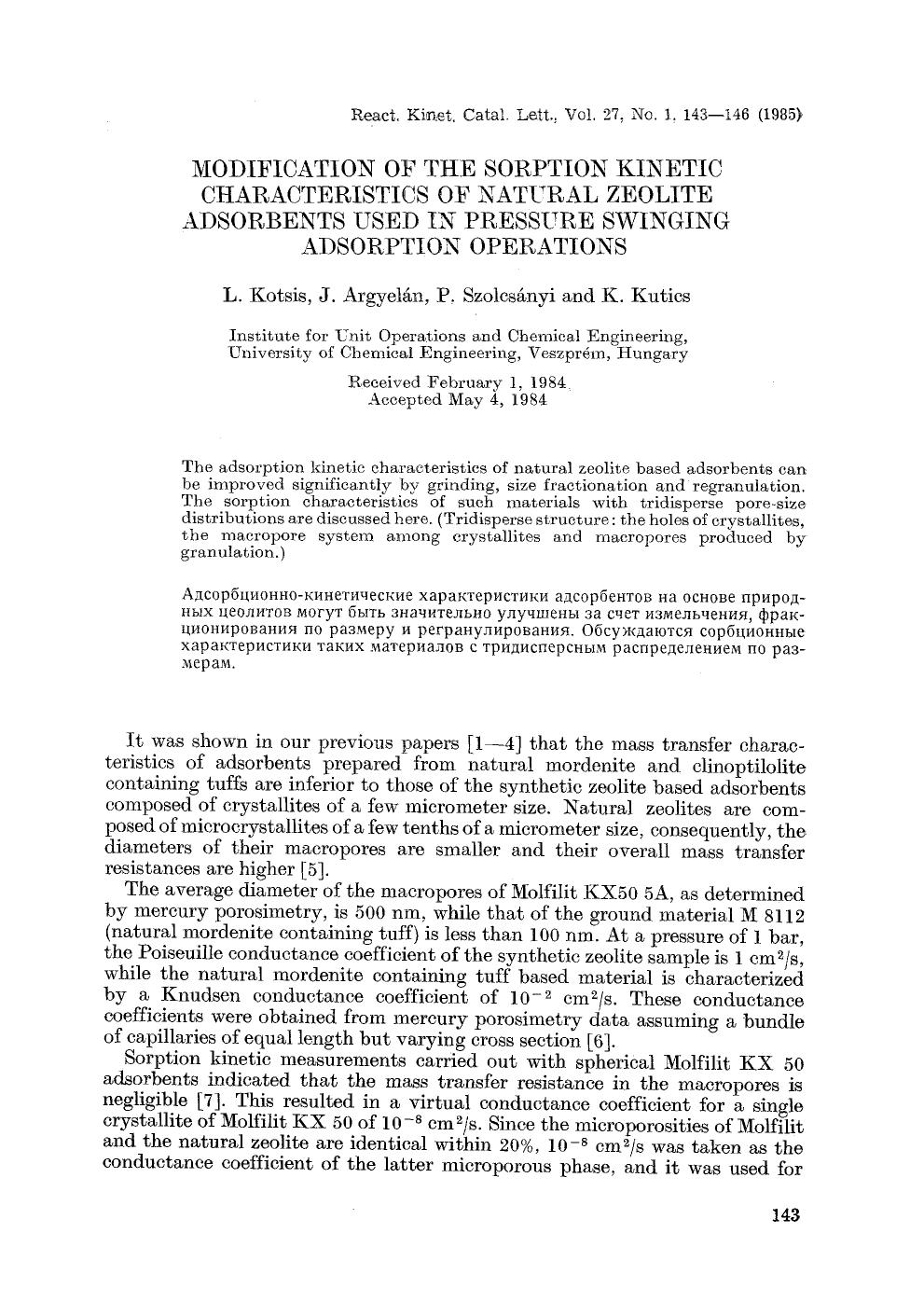 Modification of the sorption kinetic characteristics of natural zeolite adsorbents used in pressure swinging adsorption operations by Unknown