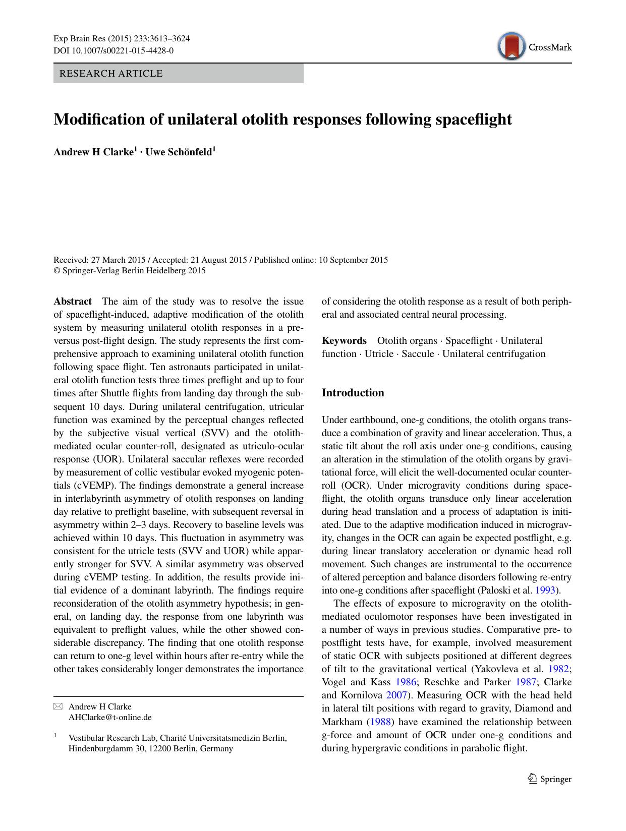 Modification of unilateral otolith responses following spaceflight by Andrew H Clarke & Uwe Schönfeld
