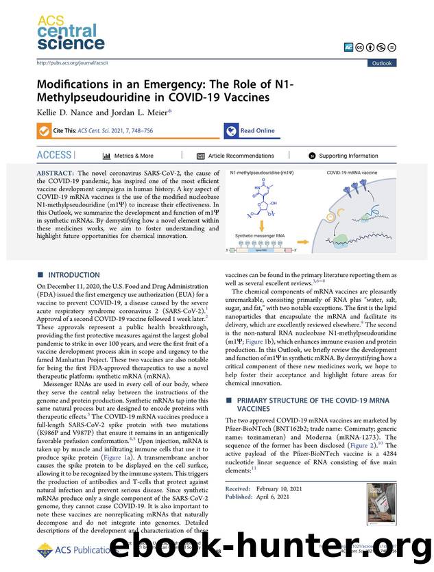 Modifications in an Emergency: The Role of N1-Methylpseudouridine in COVID-19 Vaccines by Kellie D. Nance (ORCID: 0000-0002-4396-9124) & Jordan L. Meier (ORCID: 0000-0002-0537-7101)