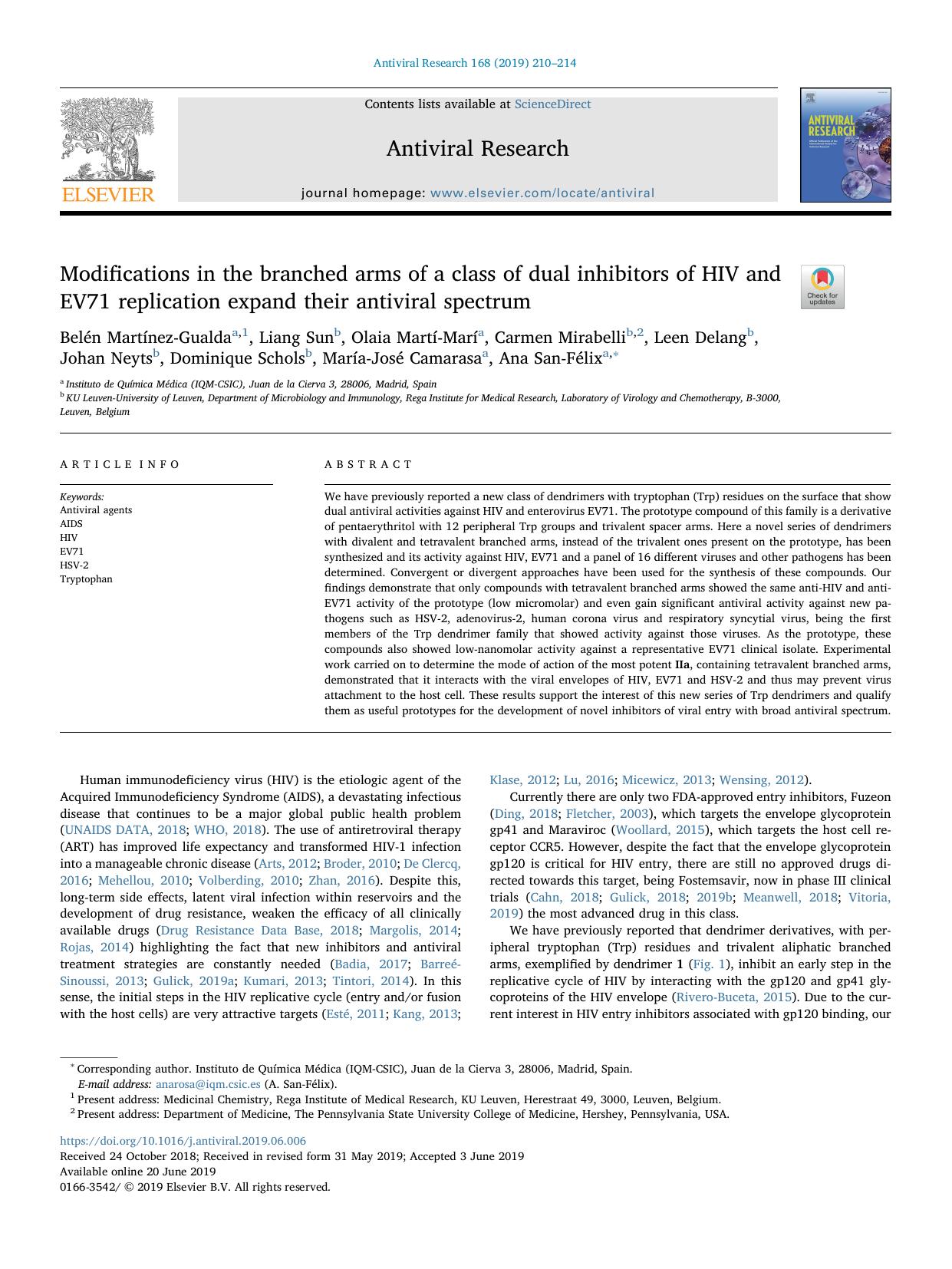Modifications in the branched arms of a class of dual inhibitors of HIV and EV71 replication expand their antiviral spectrum by unknow