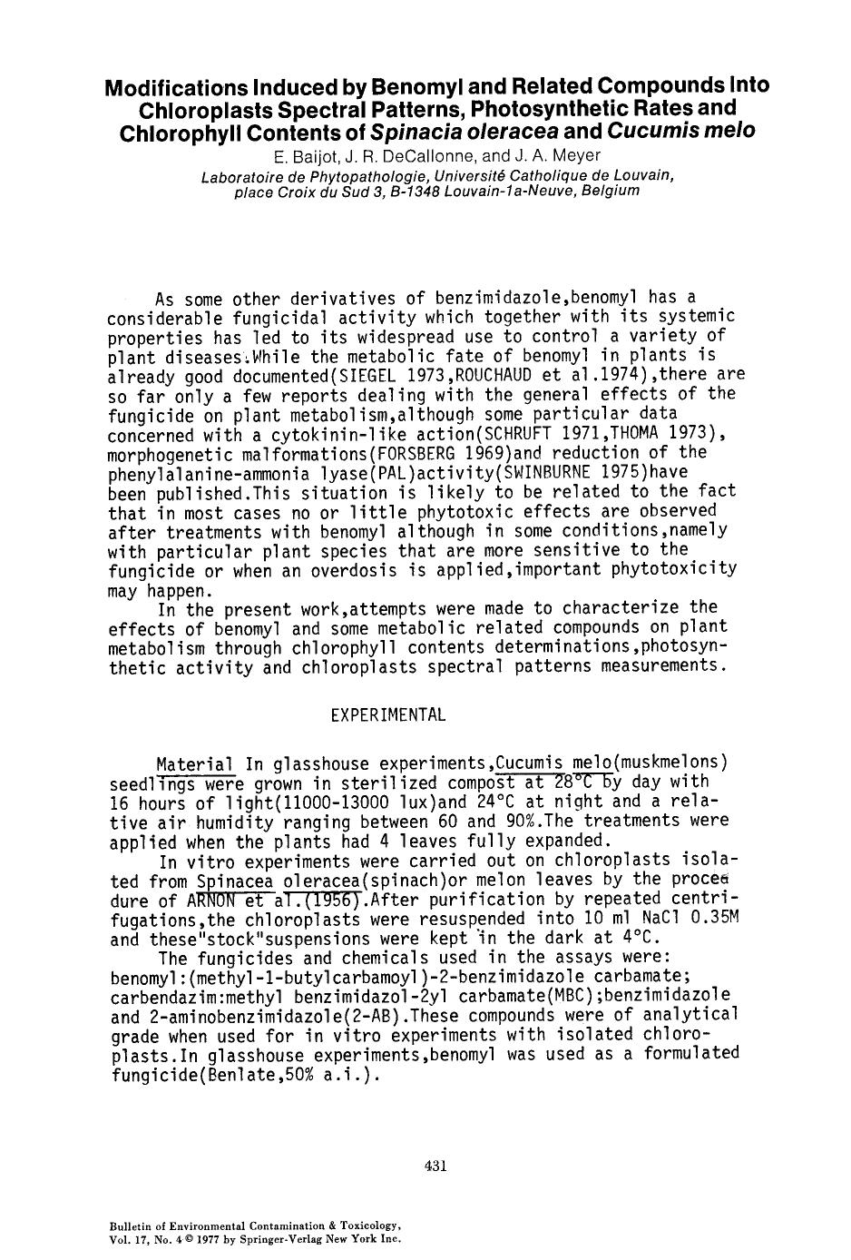 Modifications induced by benomyl and related compounds into chloroplasts spectral patterns, photosynthetic rates and chlorophyll contents of <Emphasis Type="Italic">Spinacia olerac by Unknown