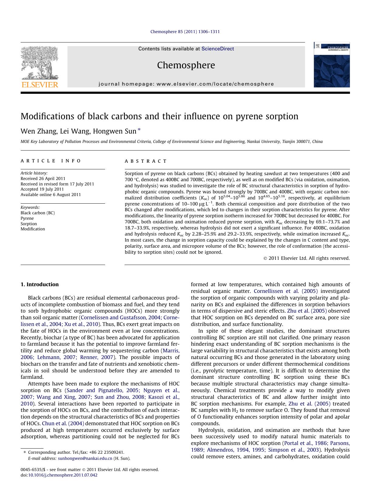 Modifications of black carbons and their influence on pyrene sorption by Wen Zhang & Lei Wang & Hongwen Sun