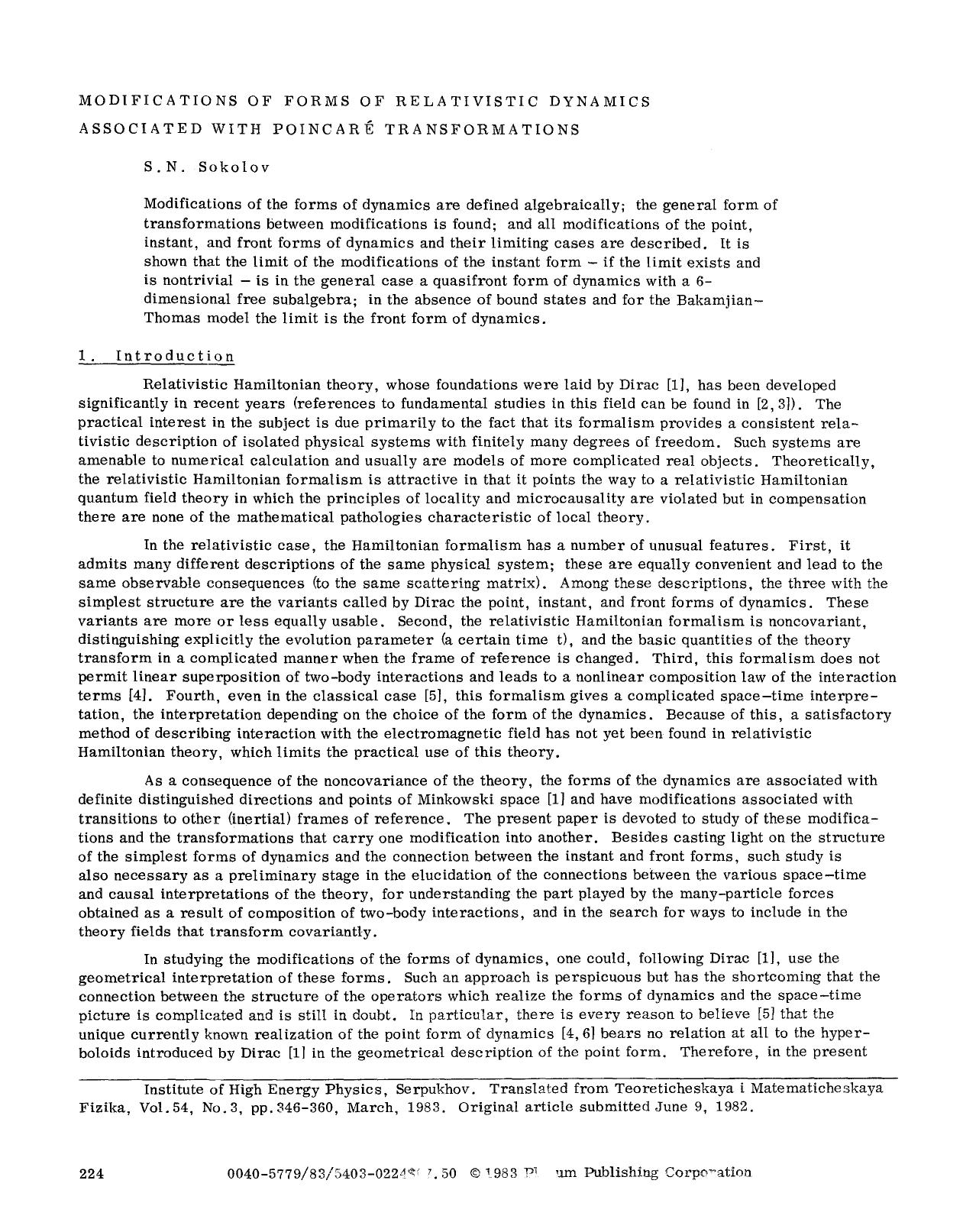 Modifications of forms of relativistic dynamics associated with Poincaré transformations by Unknown