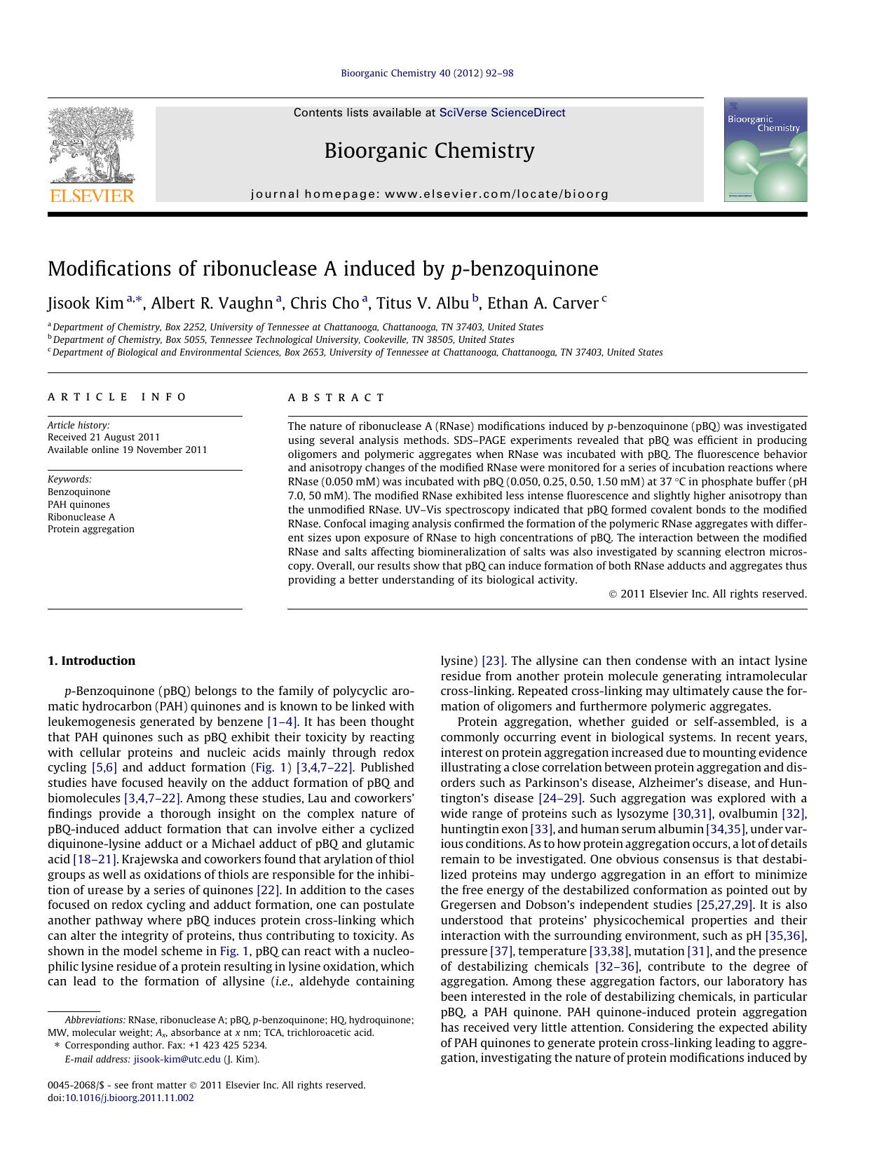 Modifications of ribonuclease A induced by p-benzoquinone by Jisook Kim & Albert R. Vaughn & Chris Cho & Titus V. Albu & Ethan A. Carver