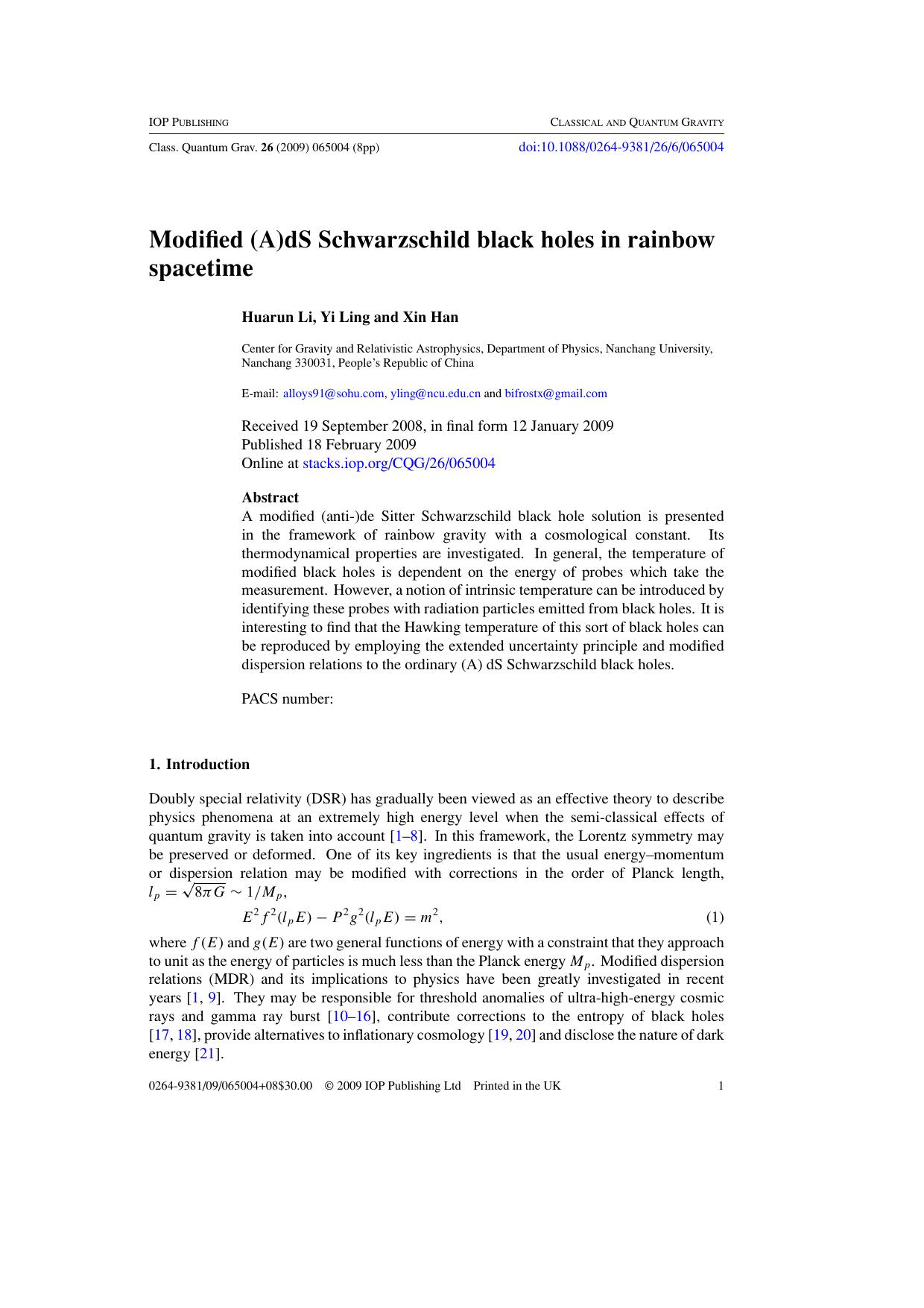 Modified (A)dS Schwarzschild black holes in rainbow spacetime by H Li et al