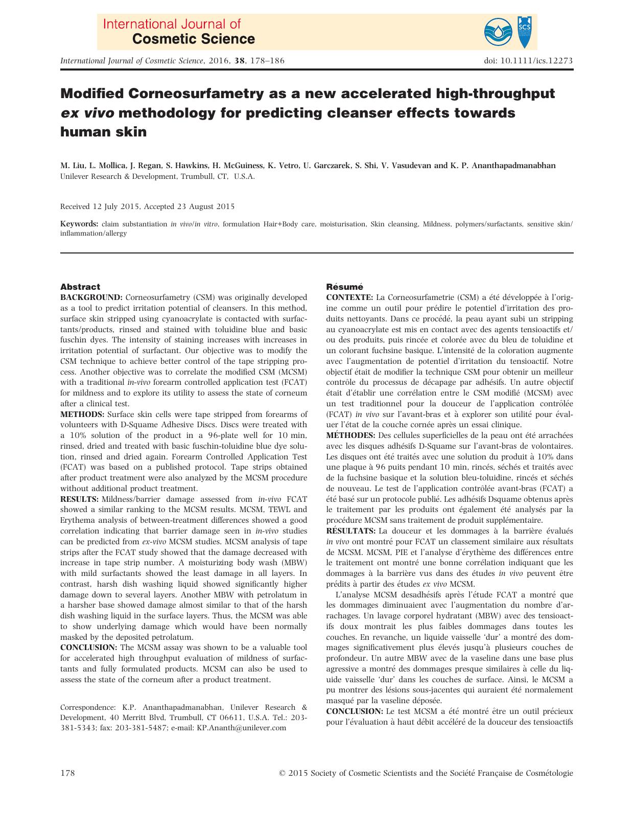 Modified Corneosurfametry as a new accelerated high‐throughput ex vivo methodology for predicting cleanser effects towards human skin by Unknown