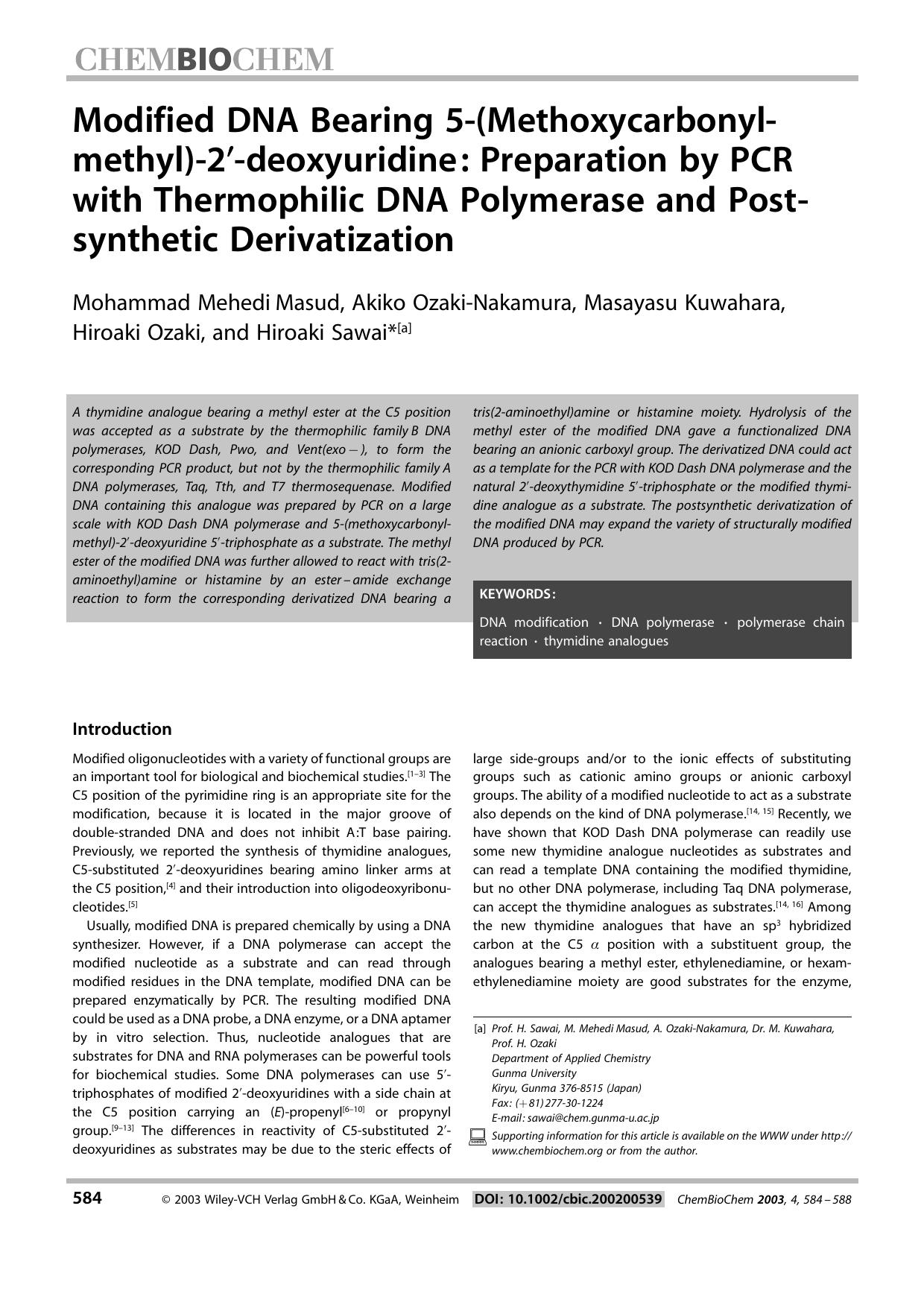 Modified DNA Bearing 5(Methoxycarbonylmethyl)-2[prime]-deoxyuridine: Preparation by PCR with Thermophilic DNA Polymerase and Postsynthetic Derivatization by Unknown