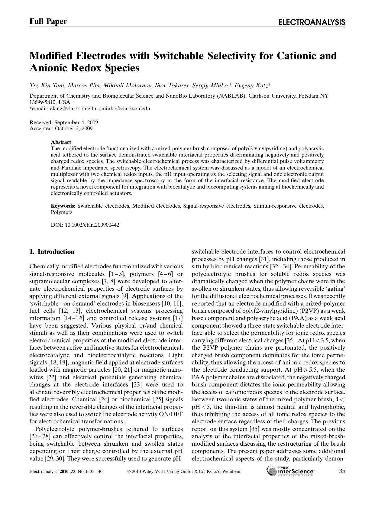 Modified Electrodes with Switchable Selectivity for Cationic and Anionic Redox Species by Unknown