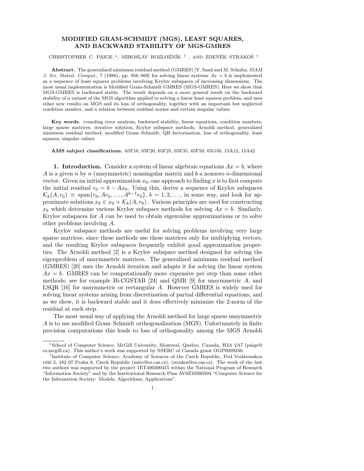 Modified Gram-Schmidt, Least Squares and backward stability of Modified Gram-Schmidt - generalized minimum residual method by Paige C.C. Rozloznik M. Strakos Z