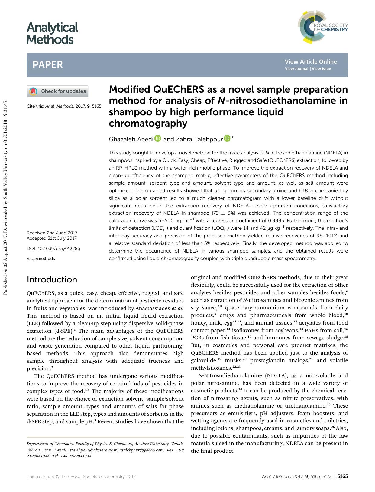 Modified QuEChERS as a novel sample preparation method for analysis of N-nitrosodiethanolamine in shampoo by high performance liquid chromatography by Ghazaleh Abedi & Zahra Talebpour