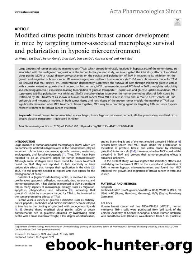 Modified citrus pectin inhibits breast cancer development in mice by targeting tumor-associated macrophage survival and polarization in hypoxic microenvironment by Lei Wang & Lin Zhao & Fu-lian Gong & Chao Sun & Dan-dan Du & Xiao-xia Yang & Xiu-li Guo