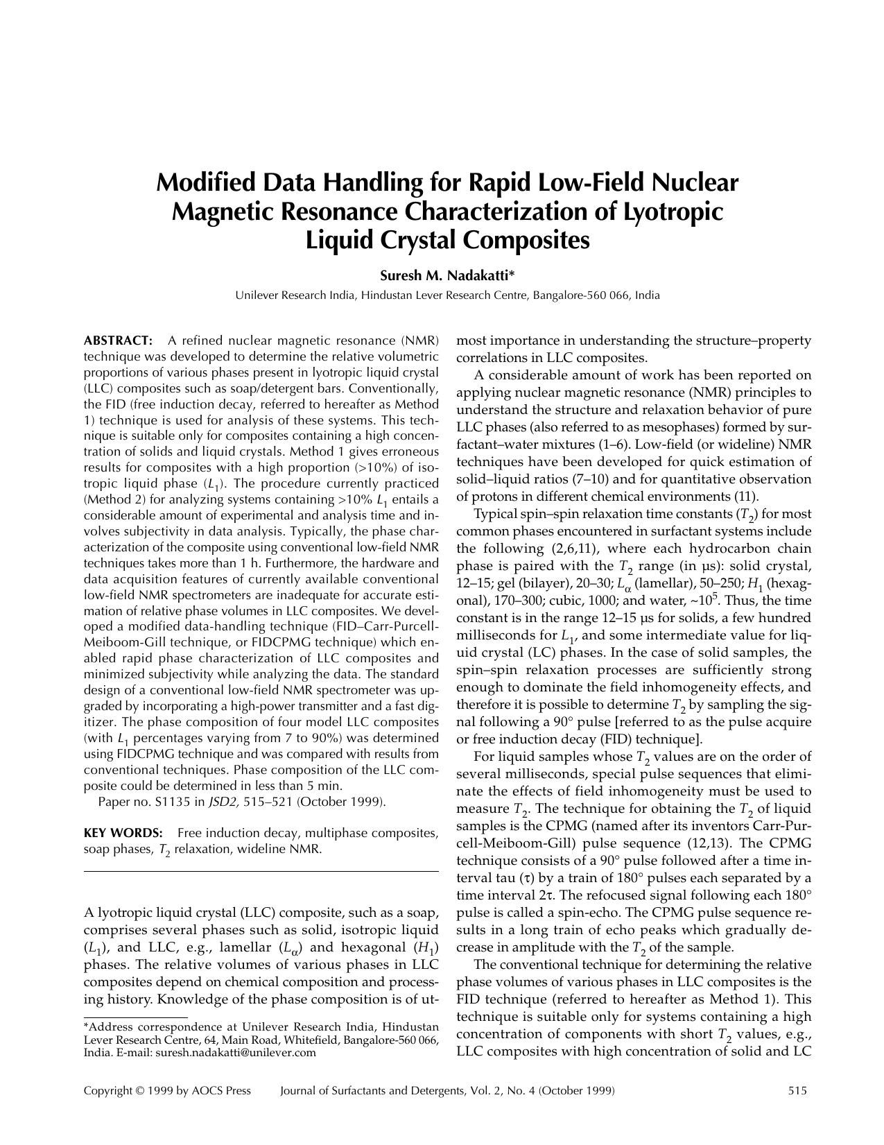 Modified data handling for rapid low-field nuclear magnetic resonance characterization of lyotropic liquid crystal composites by Unknown