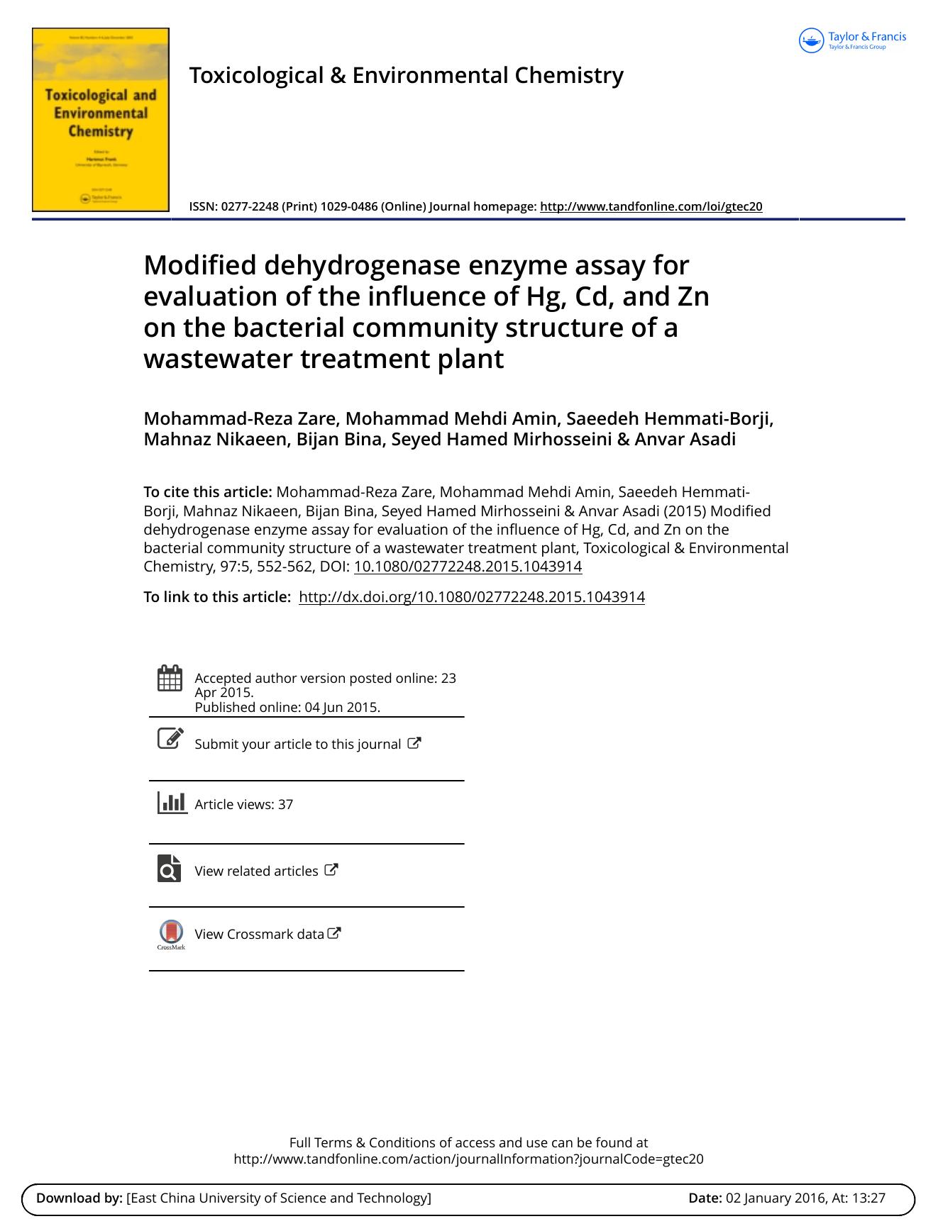 Modified dehydrogenase enzyme assay for evaluation of the influence of Hg, Cd, and Zn on the bacterial community structure of a wastewater treatment plant by Mohammad-Reza Zare