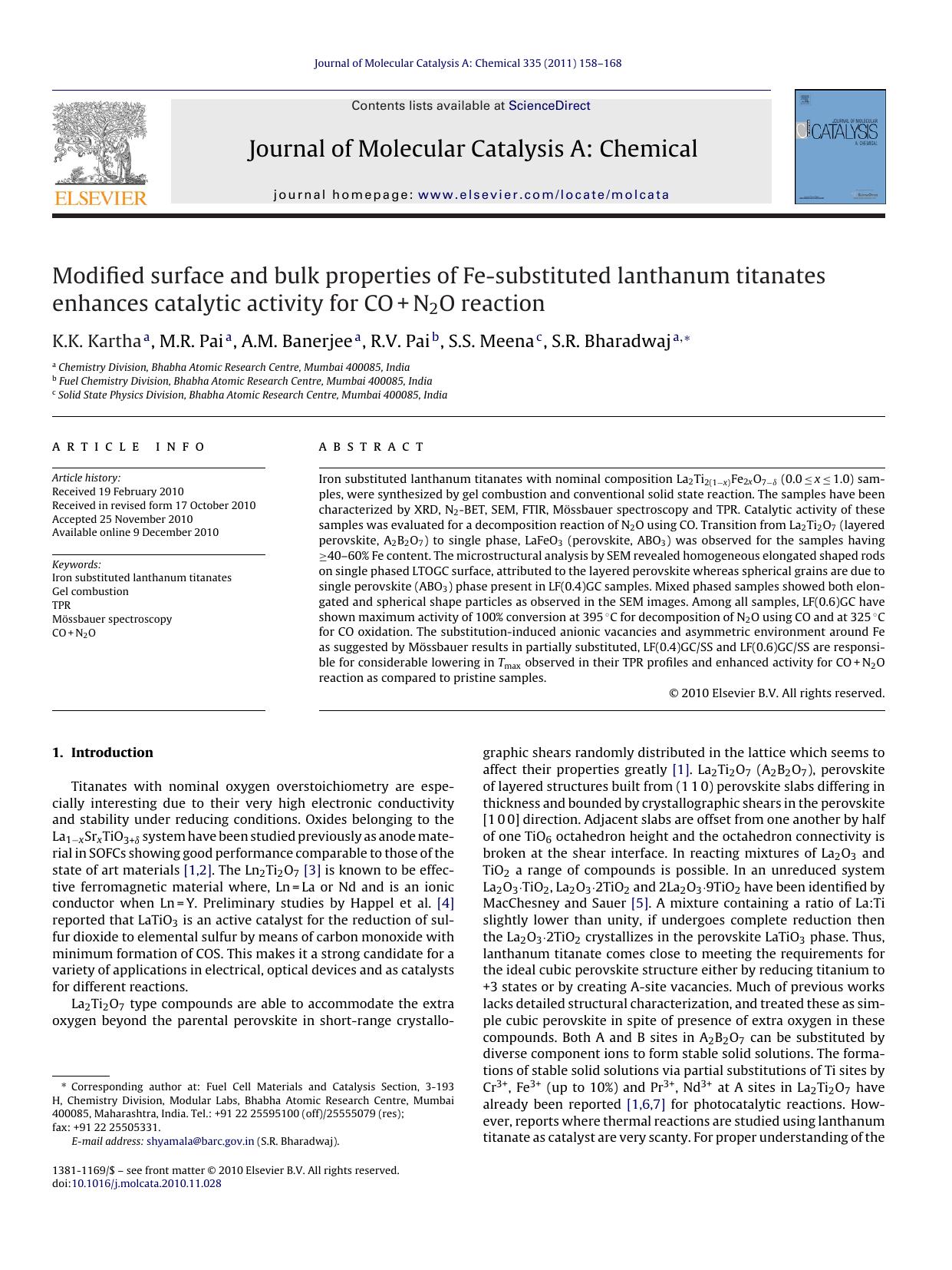 Modified surface and bulk properties of Fe-substituted lanthanum titanates enhances catalytic activity for CO+N2O reaction by K.K. Kartha