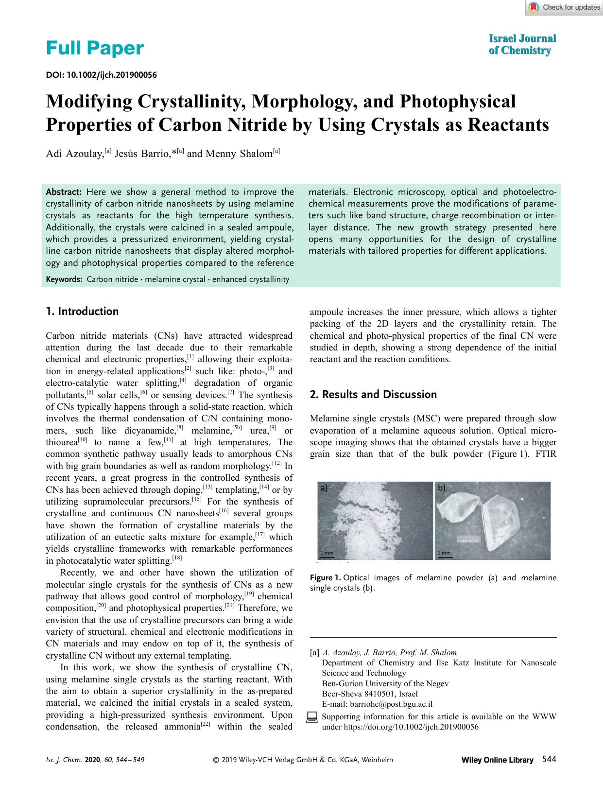 Modifying Crystallinity, Morphology, and Photophysical Properties of Carbon Nitride by Using Crystals as Reactants by Unknown