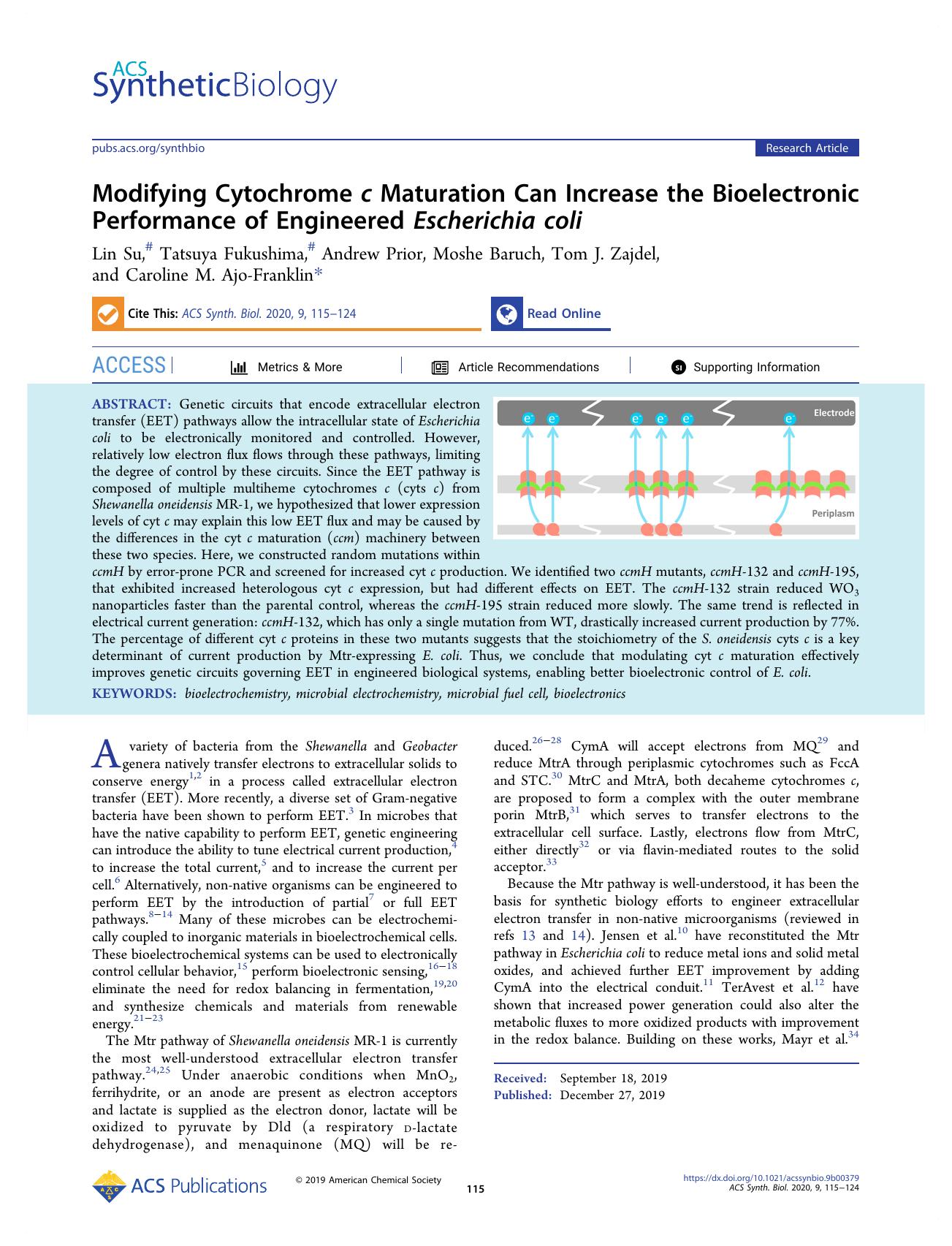 Modifying Cytochrome c Maturation Can Increase the Bioelectronic Performance of Engineered Escherichia coli by Lin Su Tatsuya Fukushima Andrew Prior Moshe Baruch Tom J. Zajdel and Caroline M. Ajo-Franklin