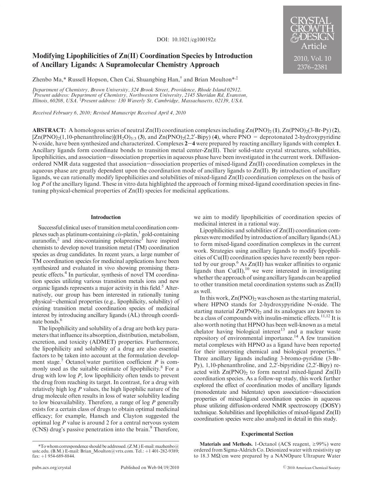 Modifying Lipophilicities of Zn(II) Coordination Species by Introduction of Ancillary Ligands: A Supramolecular Chemistry Approach by Unknown