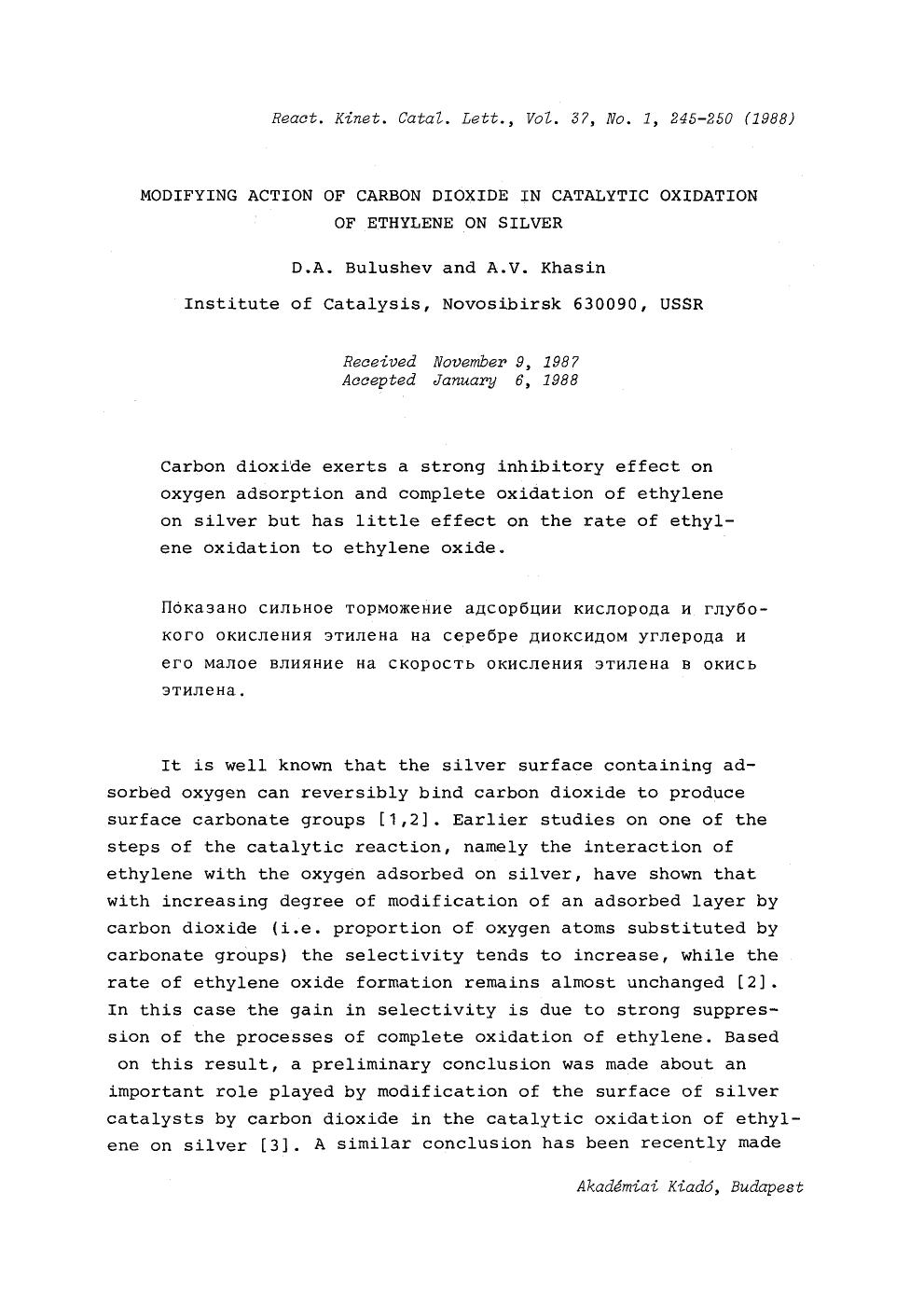 Modifying action of carbon dioxide in catalytic oxidation of ethylene on silver by Unknown