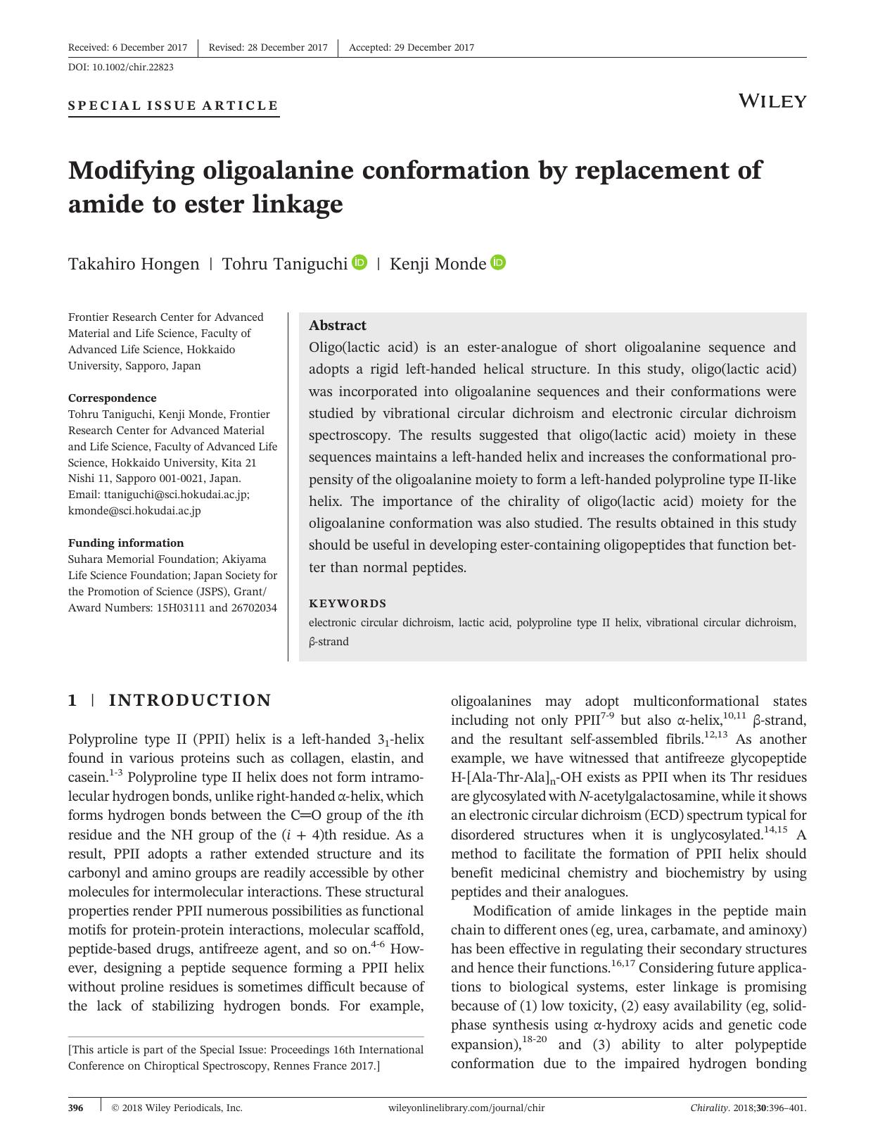 Modifying oligoalanine conformation by replacement of amide to ester linkage by Takahiro Hongen Tohru Taniguchi Kenji Monde