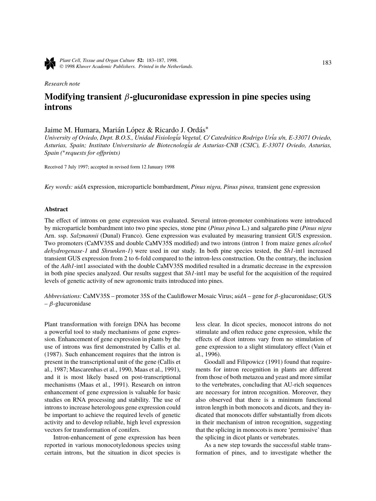 Modifying transient β-glucuronidase expression in pine species using introns by Unknown