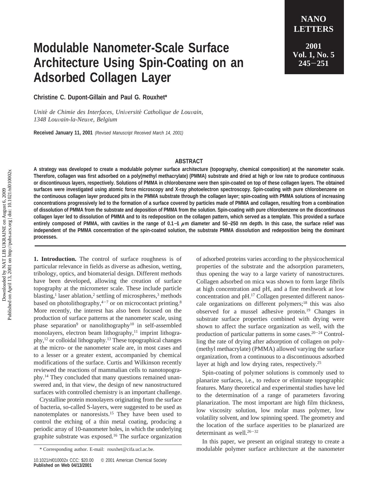 Modulable Nanometer-Scale Surface Architecture Using Spin-Coating on an Adsorbed Collagen Layer by Christine C. Dupont-Gillain & Paul G. Rouxhet*