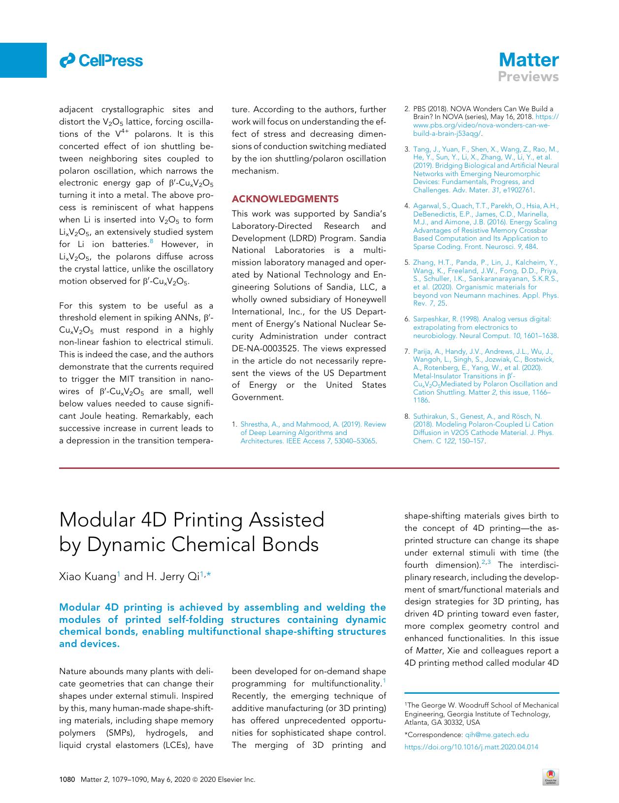 Modular 4D Printing Assisted by Dynamic Chemical Bonds by Xiao Kuang & H. Jerry Qi