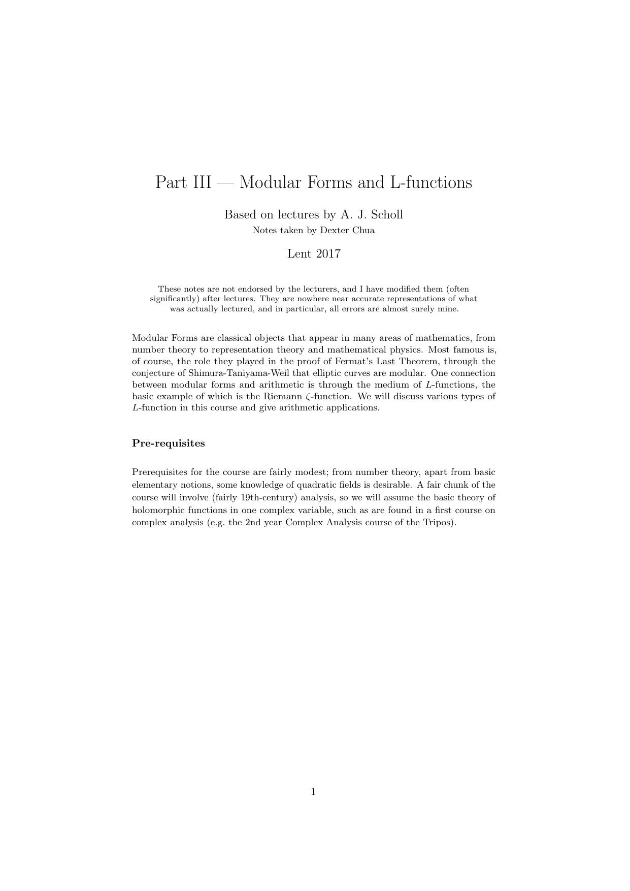 Modular Forms and L-functions by A. J. Scholl ed. Dexter Chua