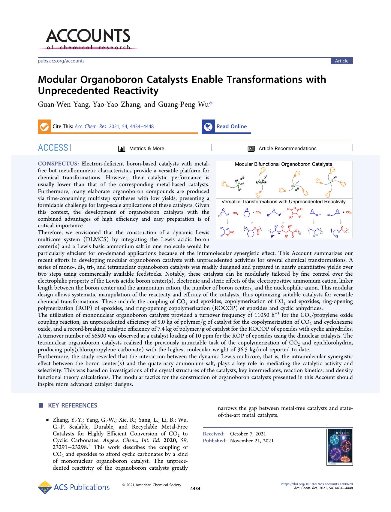 Modular Organoboron Catalysts Enable Transformations with Unprecedented Reactivity by Guan-Wen Yang Yao-Yao Zhang and Guang-Peng Wu