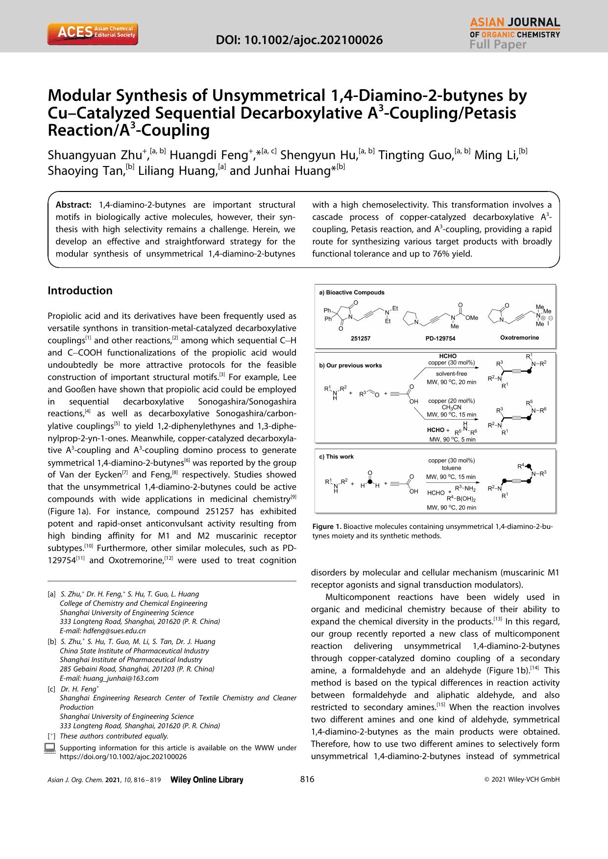 Modular Synthesis of Unsymmetrical 1,4âDiaminoâ2âbutynes by CuâCatalyzed Sequential Decarboxylative A3âCouplingPetasis ReactionA3âCoupling by Unknown