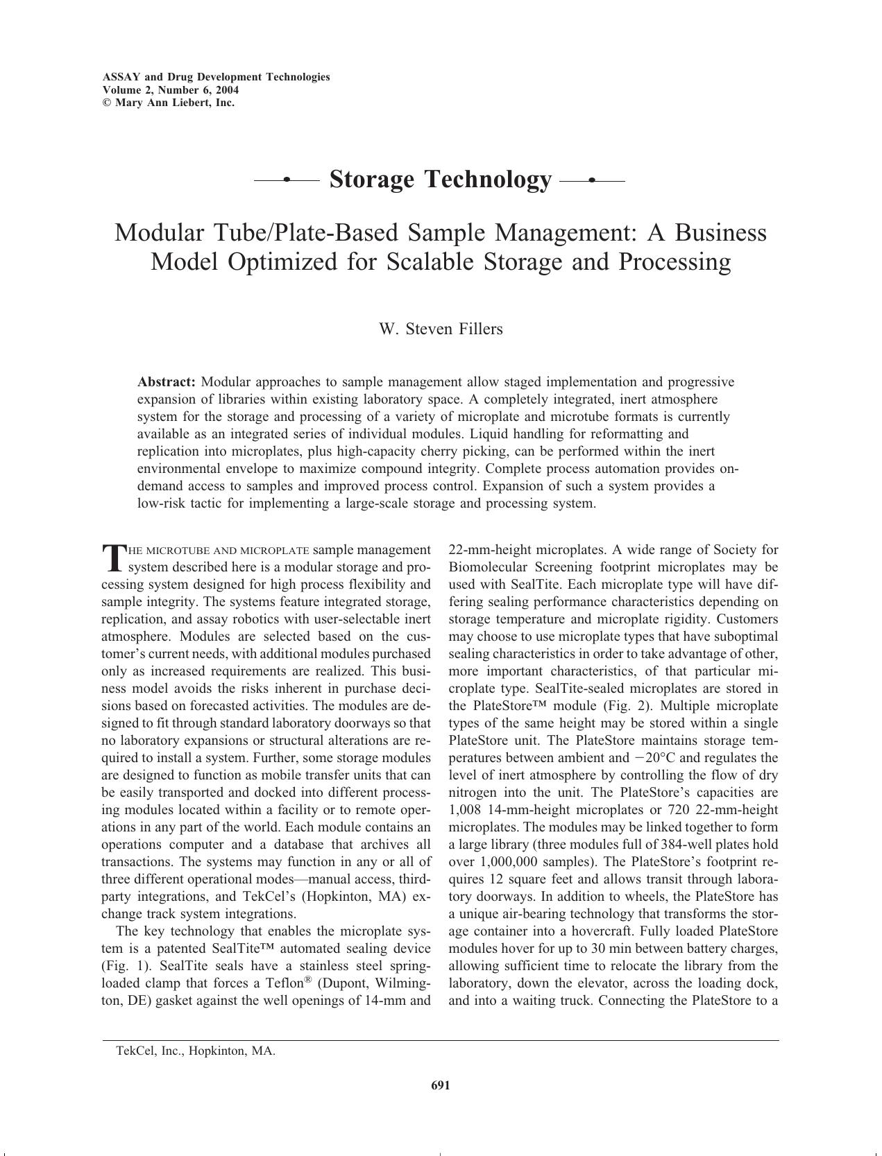 Modular TubePlate-Based Sample Management: A Business Model Optimized for Scalable Storage and Processing by W. Steven Fillers