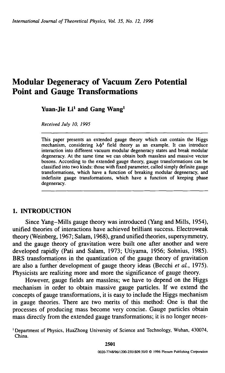 Modular degeneracy of vacuum zero potential point and gauge transformations by Unknown
