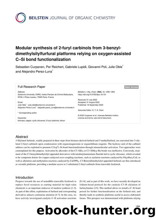 Modular synthesis of 2-furyl carbinols from 3-benzyldimethylsilylfurfural platforms relying on oxygen-assisted CâSi bond functionalization by Sebastien Curpanen Per Reichert Gabriele Lupidi Giovanni Poli Julie Oble Alejandro Perez-Luna