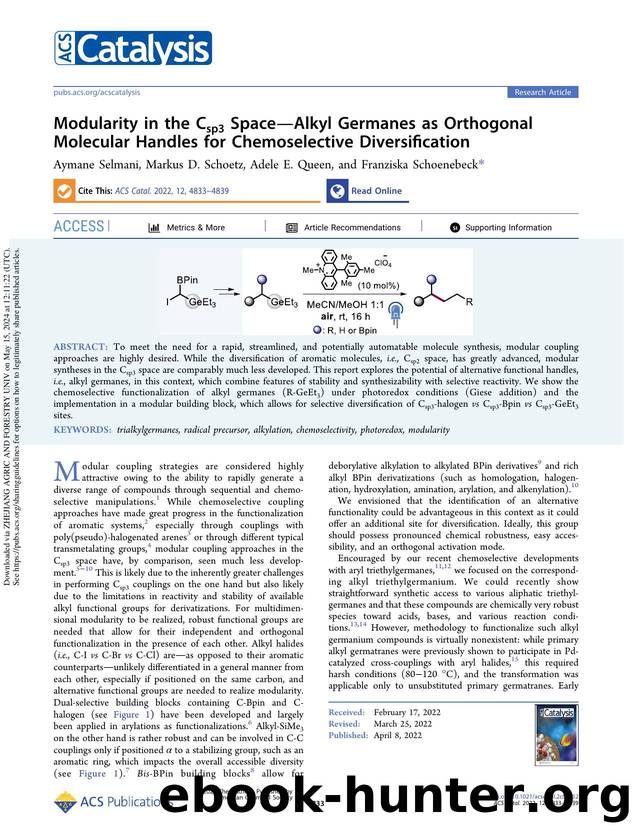Modularity in the Csp3 SpaceâAlkyl Germanes as Orthogonal Molecular Handles for Chemoselective Diversification by Aymane Selmani Markus D. Schoetz Adele E. Queen & Franziska Schoenebeck