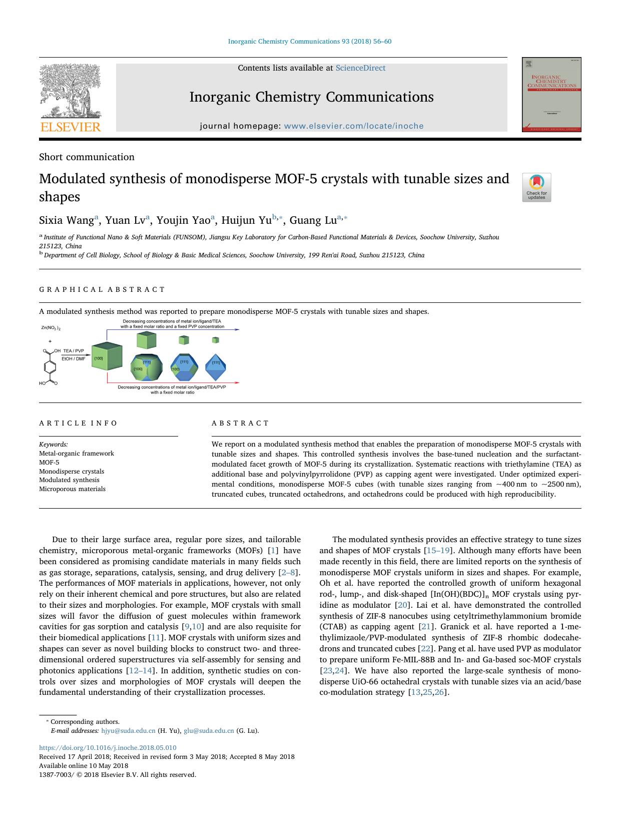 Modulated synthesis of monodisperse MOF-5 crystals with tunable sizes and shapes by Sixia Wang & Yuan Lv & Youjin Yao & Huijun Yu & Guang Lu