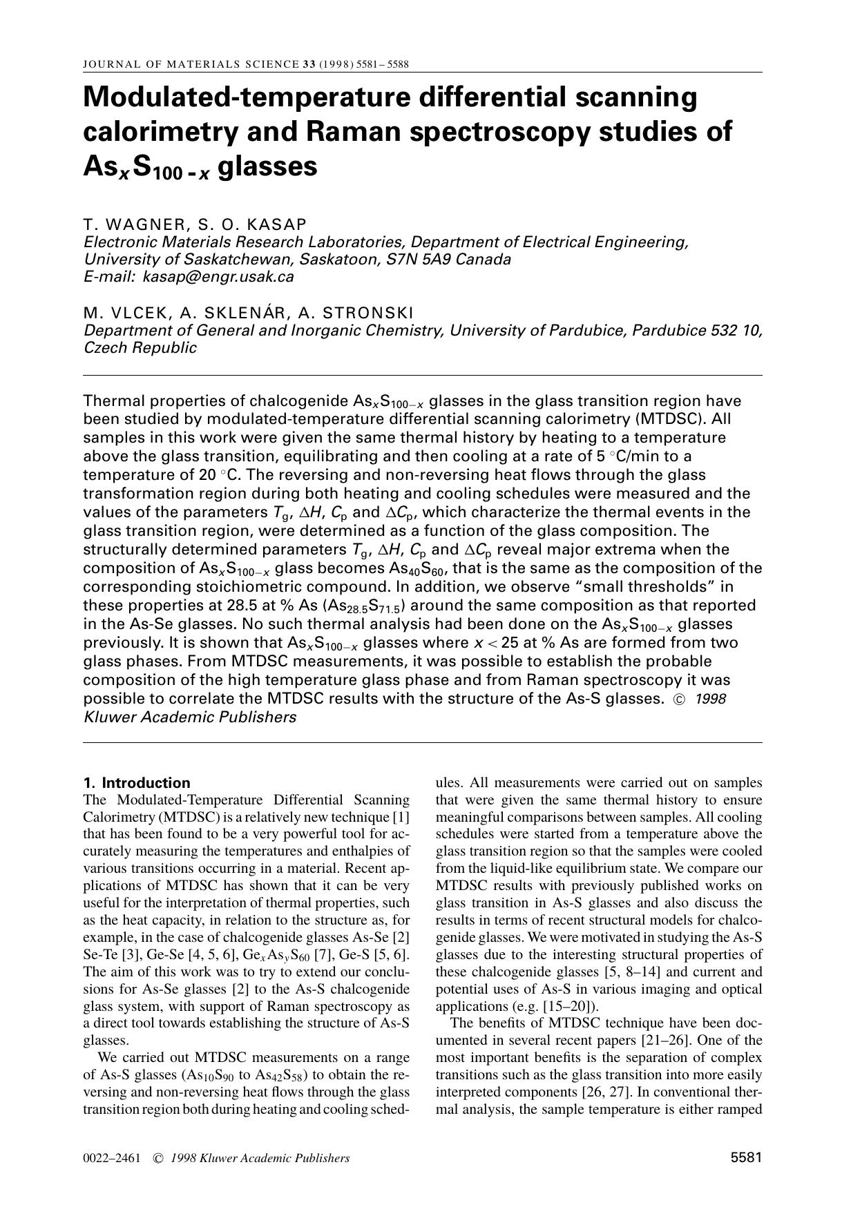 Modulated-temperature differential scanning calorimetry and Raman spectroscopy studies of AsxS100−x glasses by Unknown