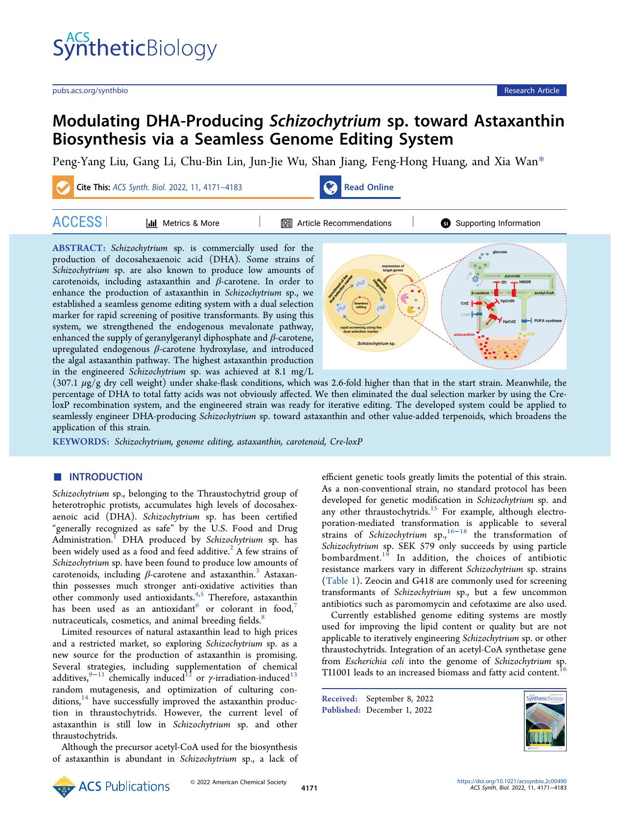 Modulating DHA-Producing Schizochytrium sp. toward Astaxanthin Biosynthesis via a Seamless Genome Editing System by Peng-Yang Liu Gang Li Chu-Bin Lin Jun-Jie Wu Shan Jiang Feng-Hong Huang and Xia Wan