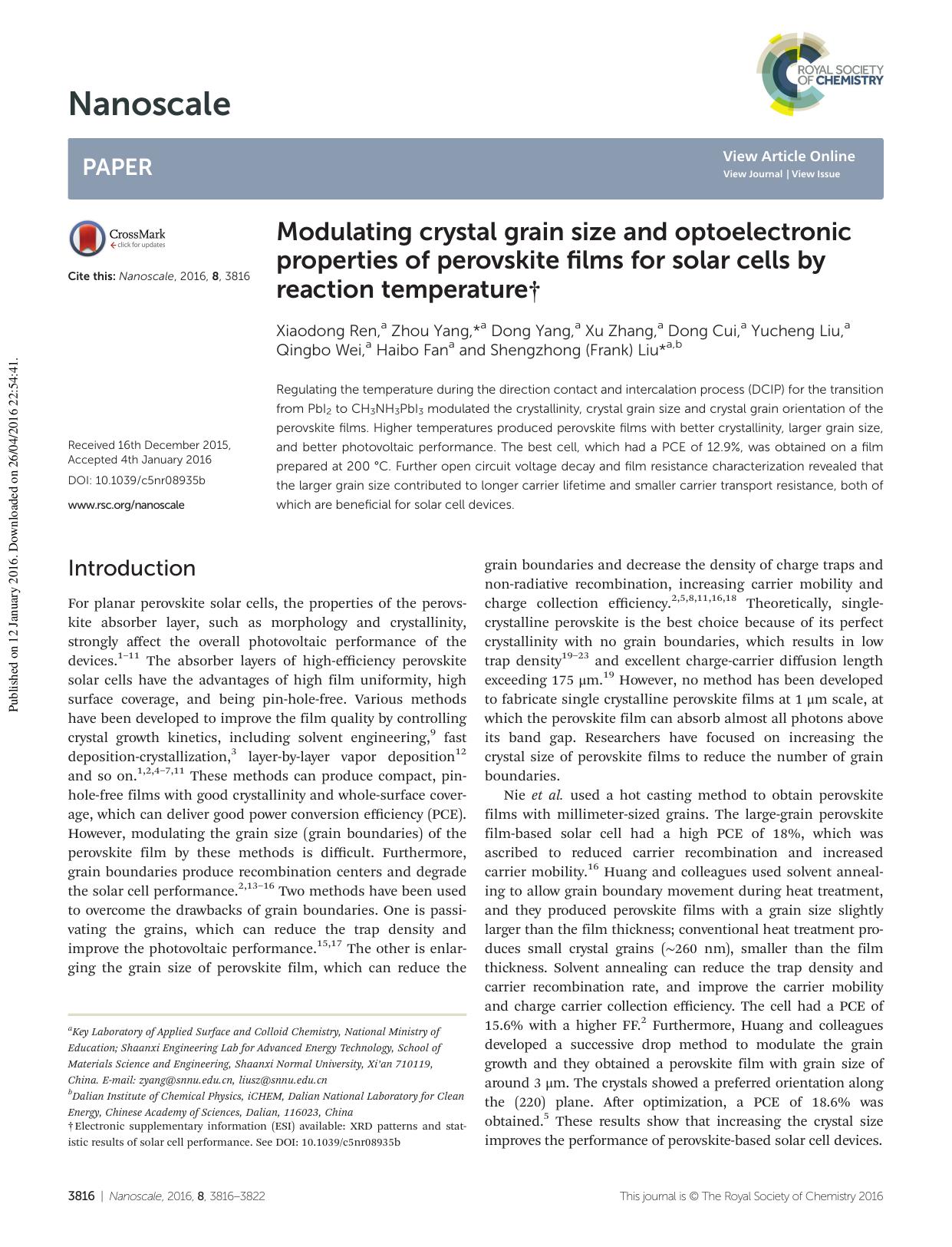 Modulating crystal grain size and optoelectronic properties of perovskite films for solar cells by reaction temperature by unknow