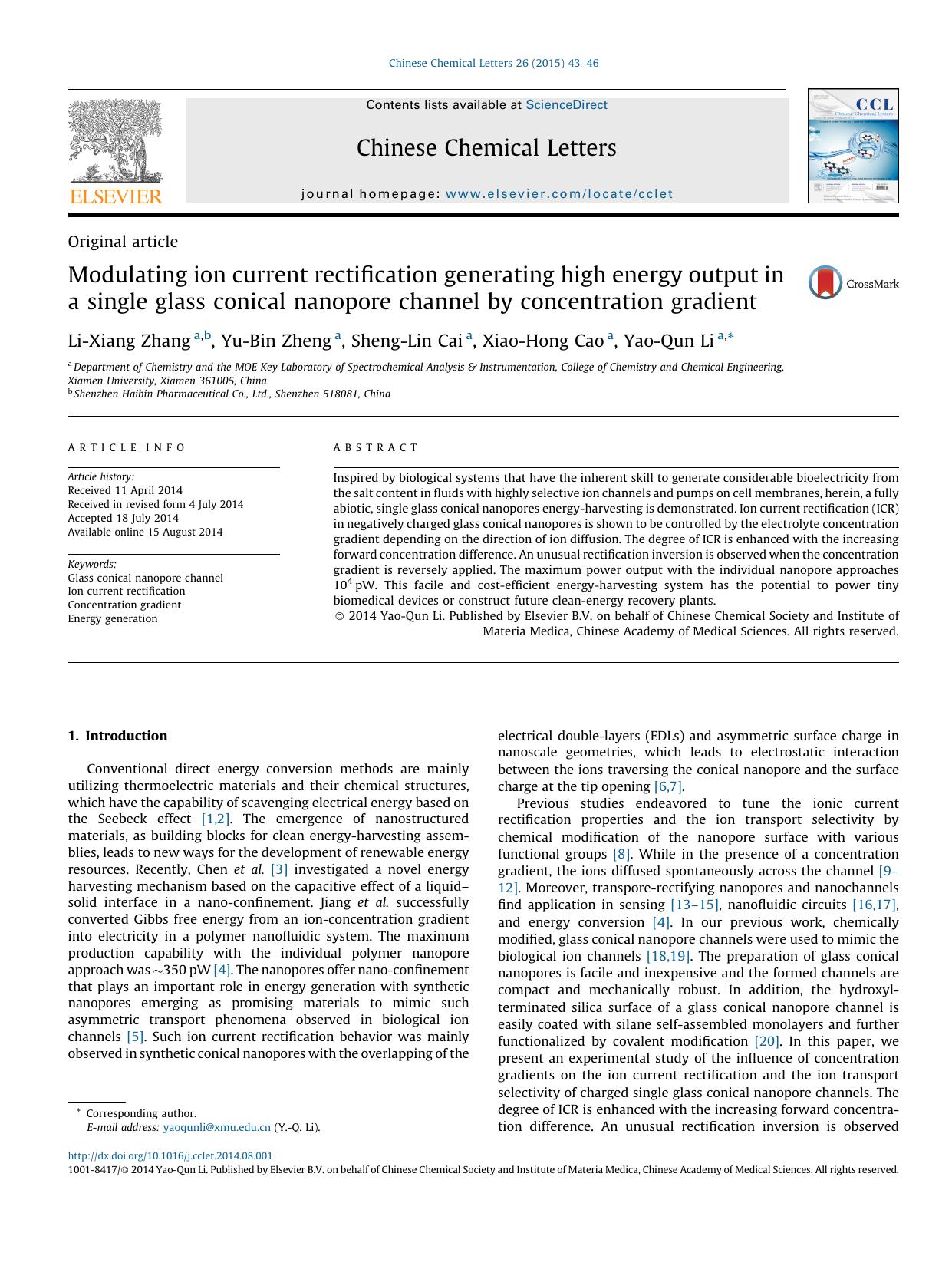Modulating ion current rectification generating high energy output in a single glass conical nanopore channel by concentration gradient by Li-Xiang Zhang & Yu-Bin Zheng & Sheng-Lin Cai & Xiao-Hong Cao & Yao-Qun Li