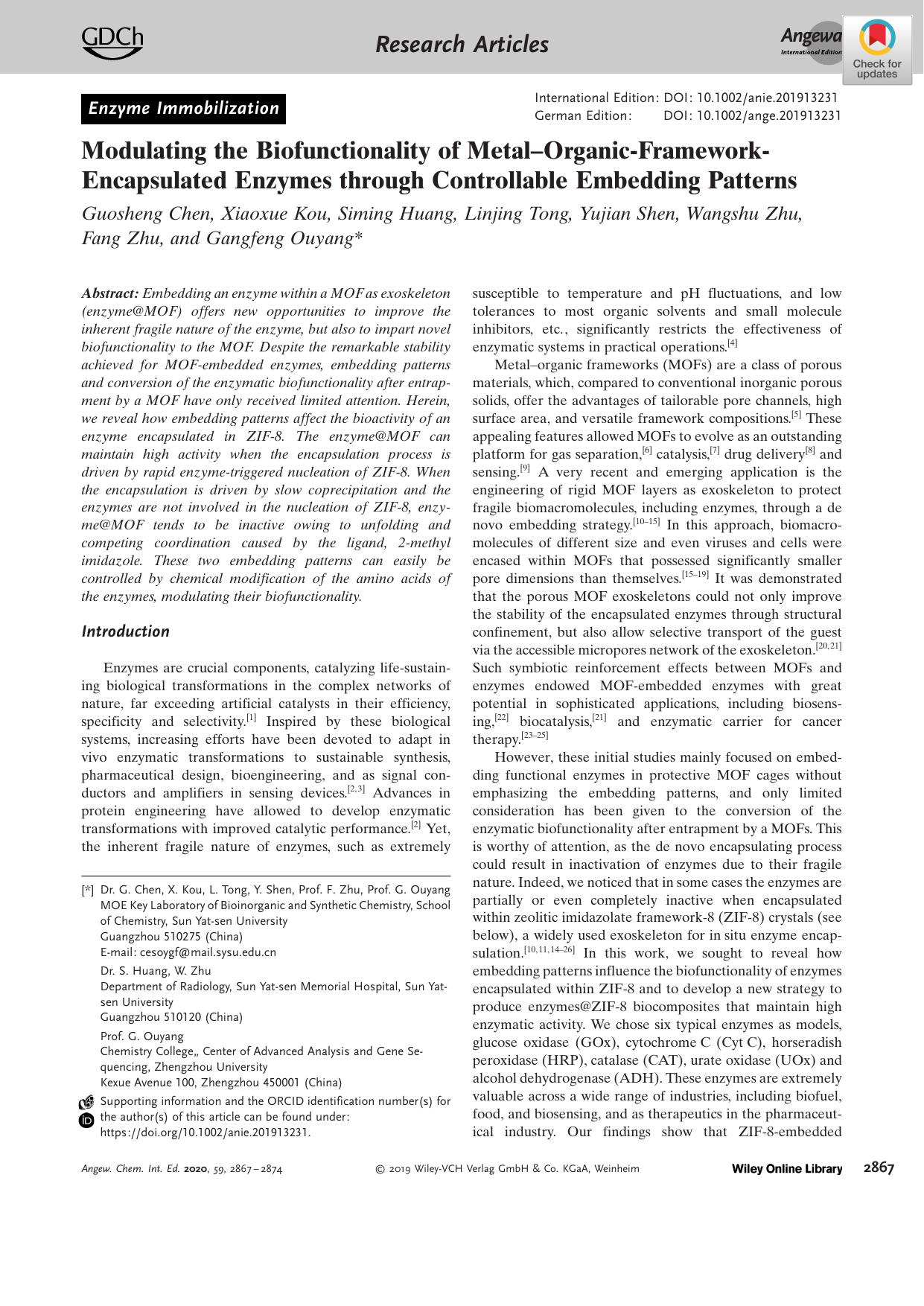 Modulating the Biofunctionality of MetalâOrganicâFrameworkâEncapsulated Enzymes through Controllable Embedding Patterns by Unknown