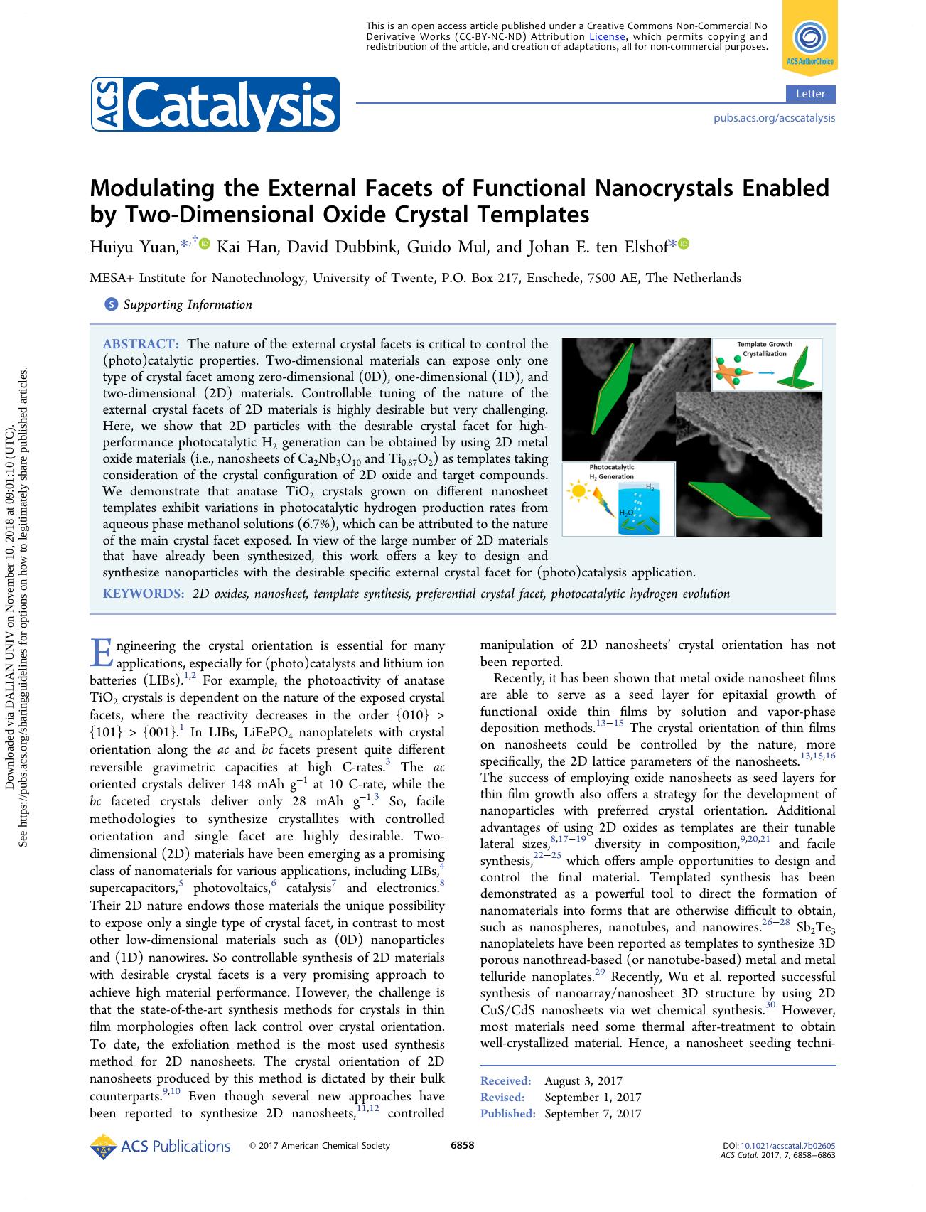 Modulating the External Facets of Functional Nanocrystals Enabled by Two-Dimensional Oxide Crystal Templates by Huiyu Yuan Kai Han David Dubbink Guido Mul & Johan E. ten Elshof