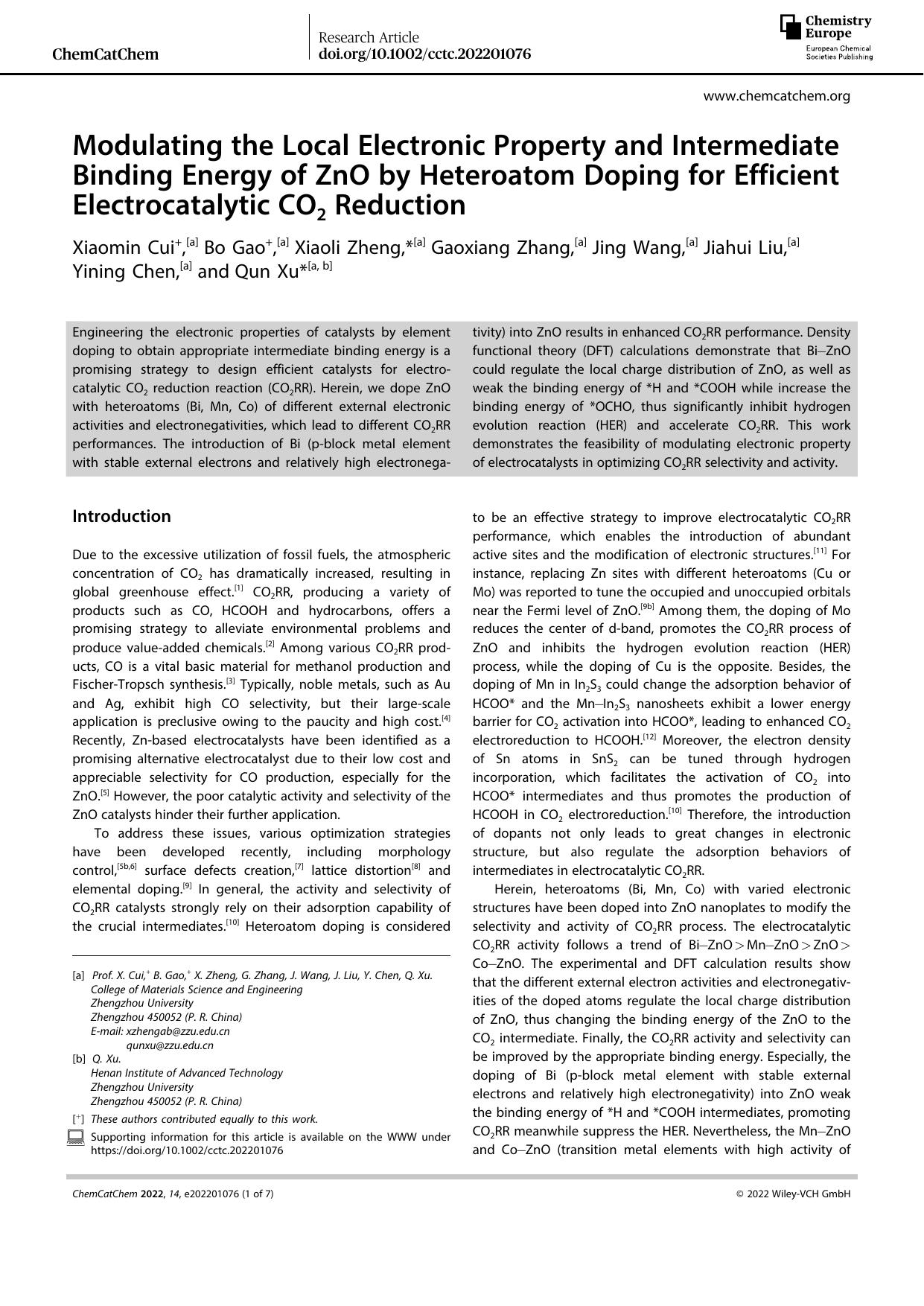 Modulating the Local Electronic Property and Intermediate Binding Energy of ZnO by Heteroatom Doping for Efficient Electrocatalytic CO2 Reduction by Unknown