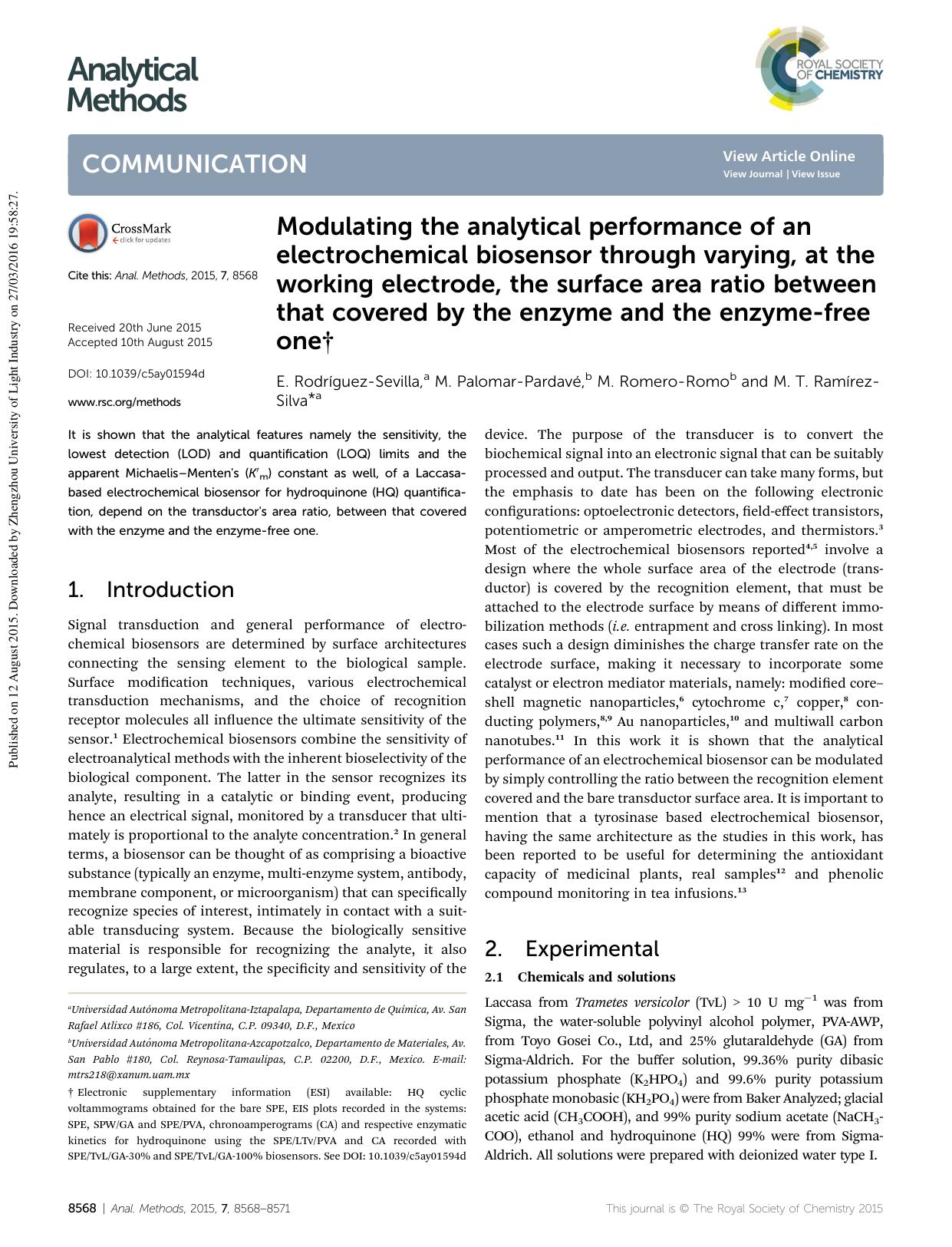 Modulating the analytical performance of an electrochemical biosensor through varying, at the working electrode, the surface area ratio between that covered by the enzyme and the enzyme-free one by E. Rodríguez-Sevilla & M. Palomar-Pardavé & M. Romero-Romo & M. T. Ramírez-Silva